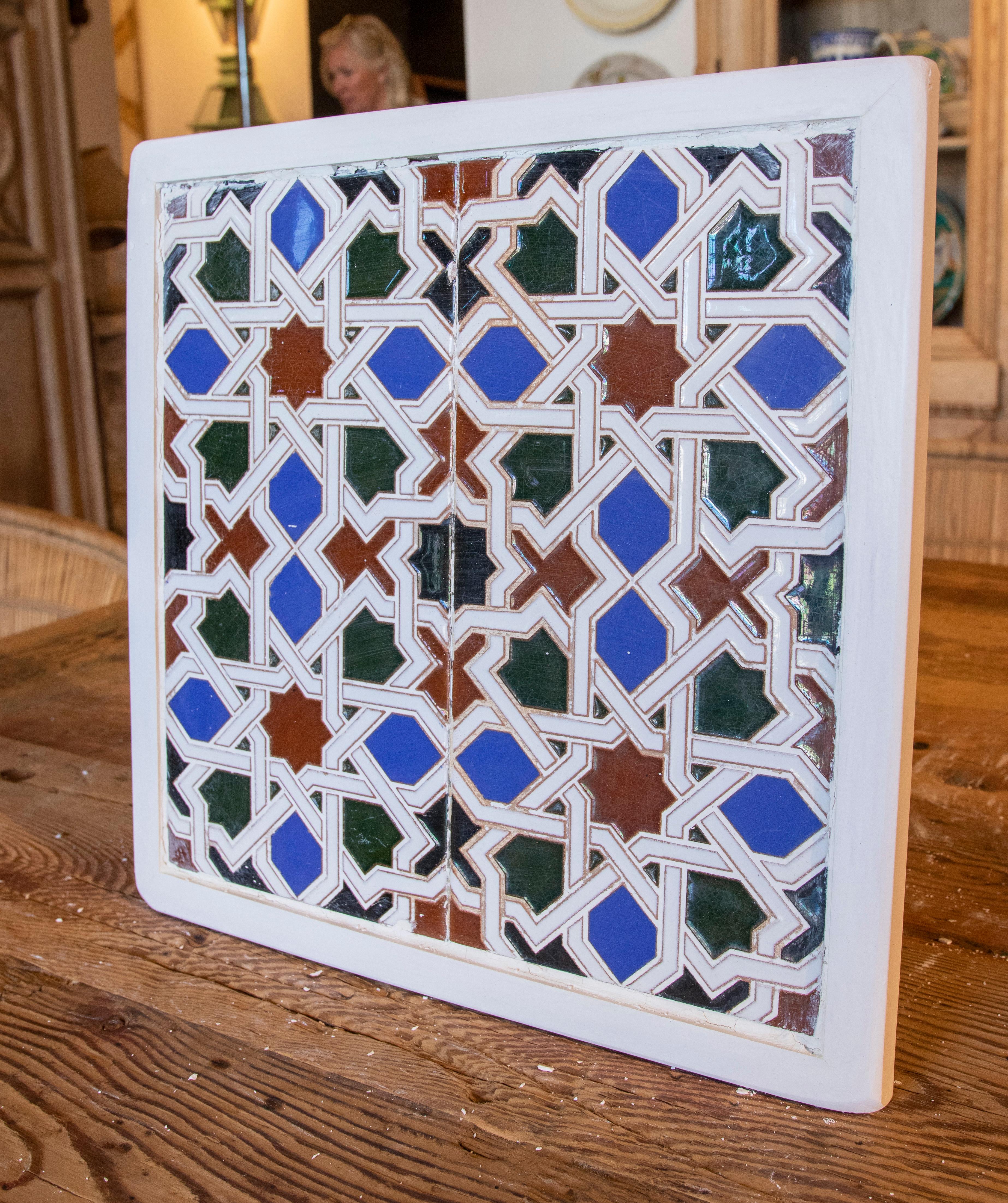 Glazed 1950s Spanish Decorative Tile Framed in Wood in Different Colors For Sale