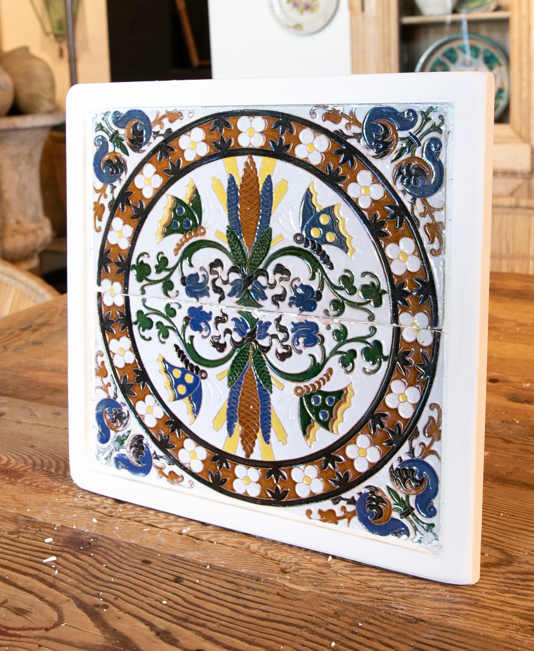 1950s Spanish Decorative Tile Framed in Wood in Different Colours In Good Condition For Sale In Marbella, ES