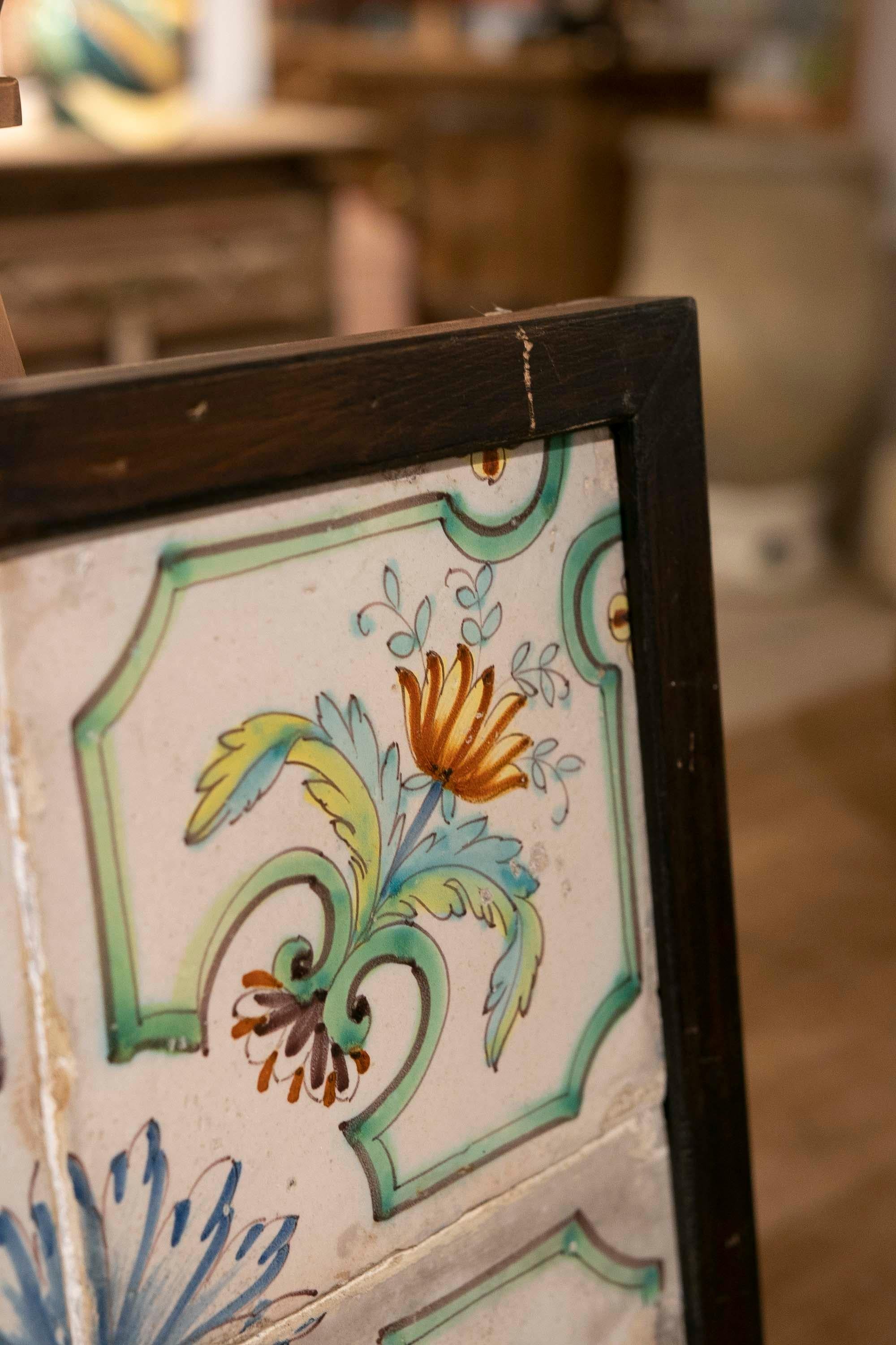 1950s Spanish Decorative Tile Framed in Wood in Different Colours In Fair Condition For Sale In Marbella, ES