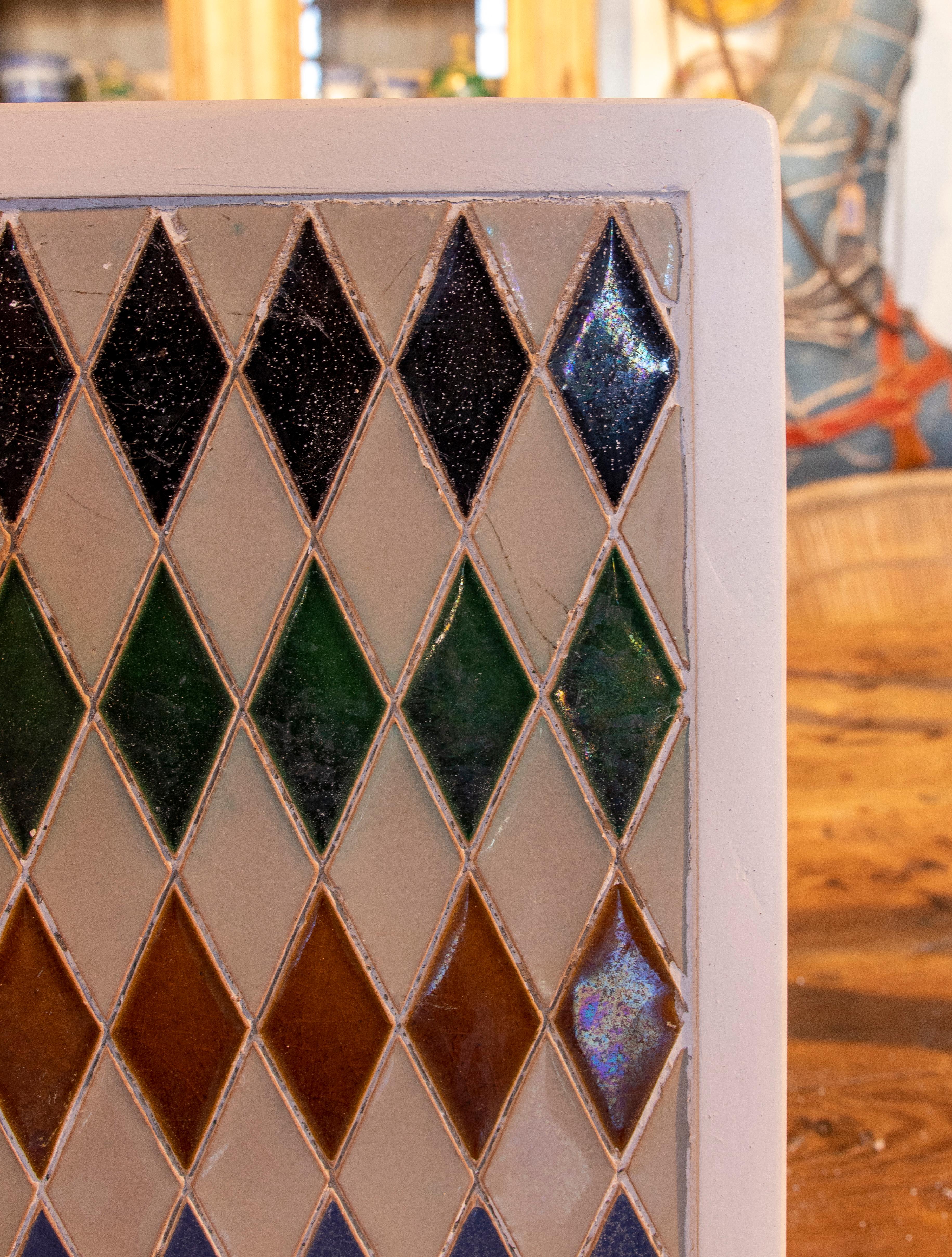 Glazed 1950s Spanish Decorative Tile Framed in Wood in Different Colours For Sale