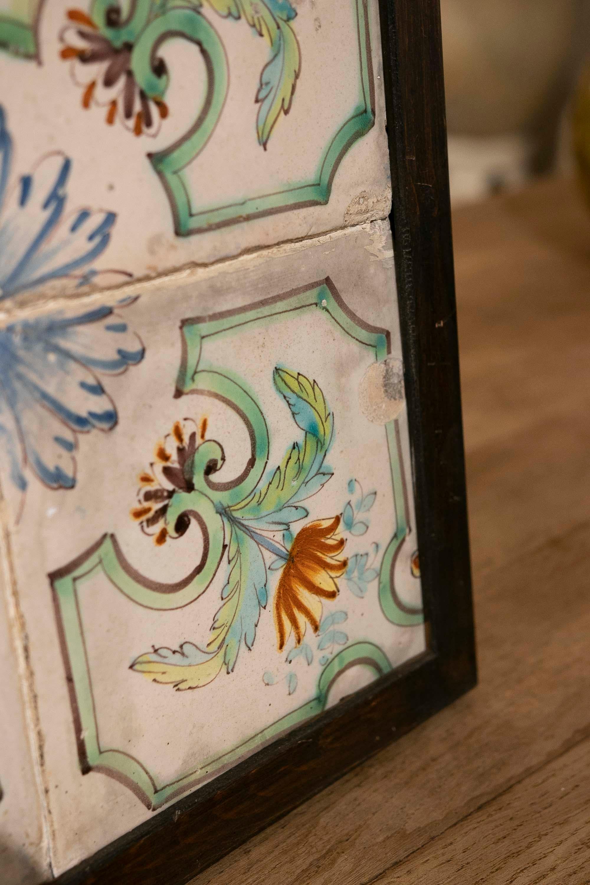 Ceramic 1950s Spanish Decorative Tile Framed in Wood in Different Colours For Sale