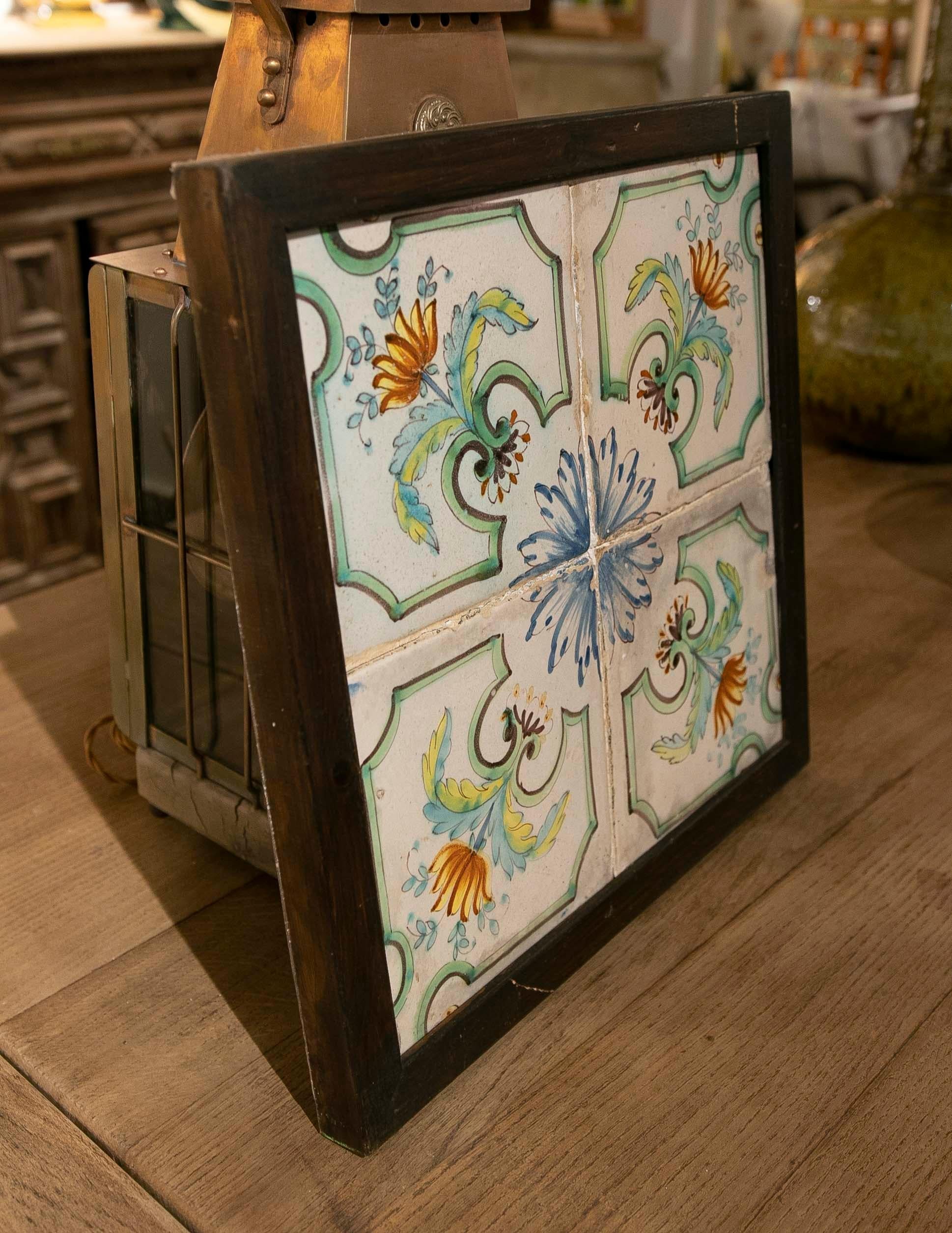 1950s Spanish Decorative Tile Framed in Wood in Different Colours For Sale 1