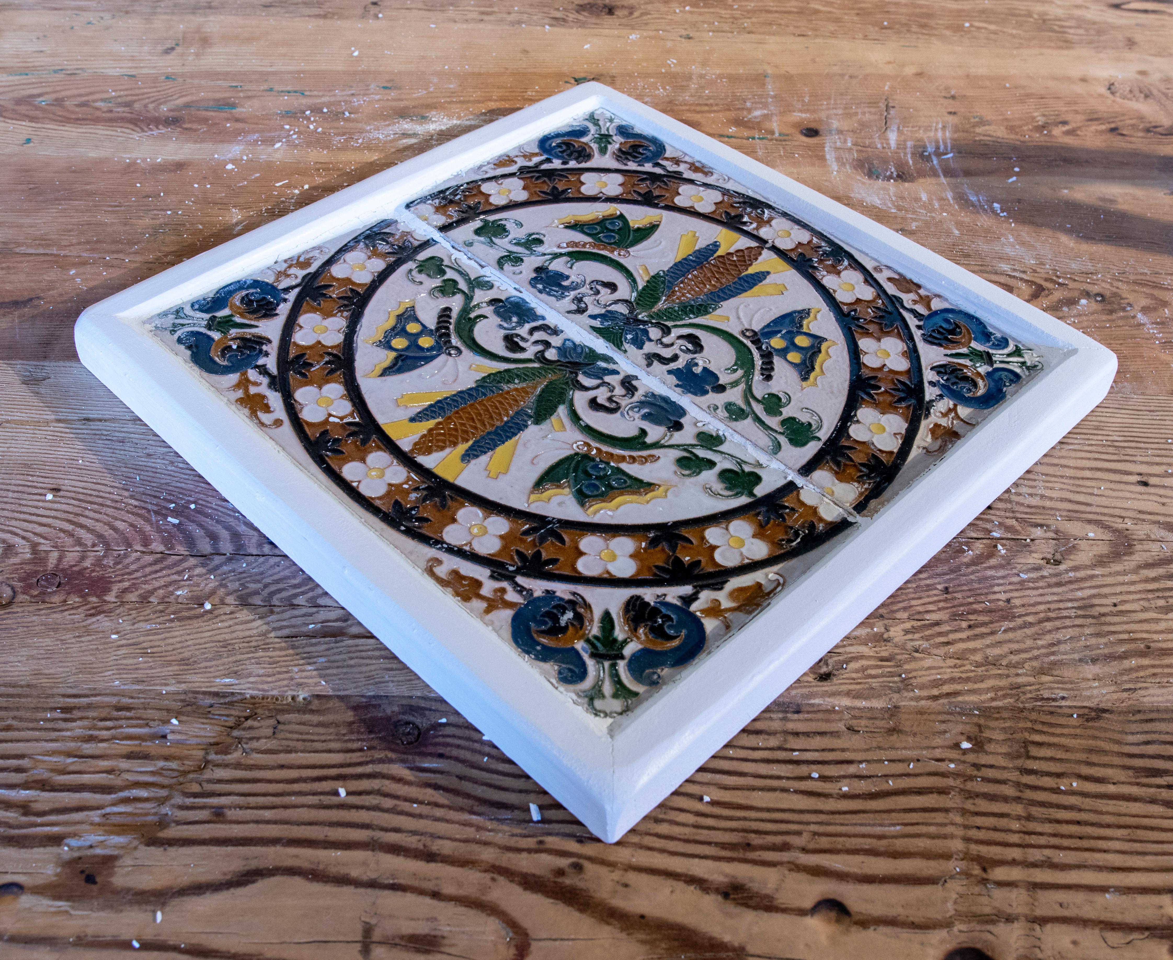 Ceramic 1950s Spanish Decorative Tile Framed in Wood in Different Colours For Sale