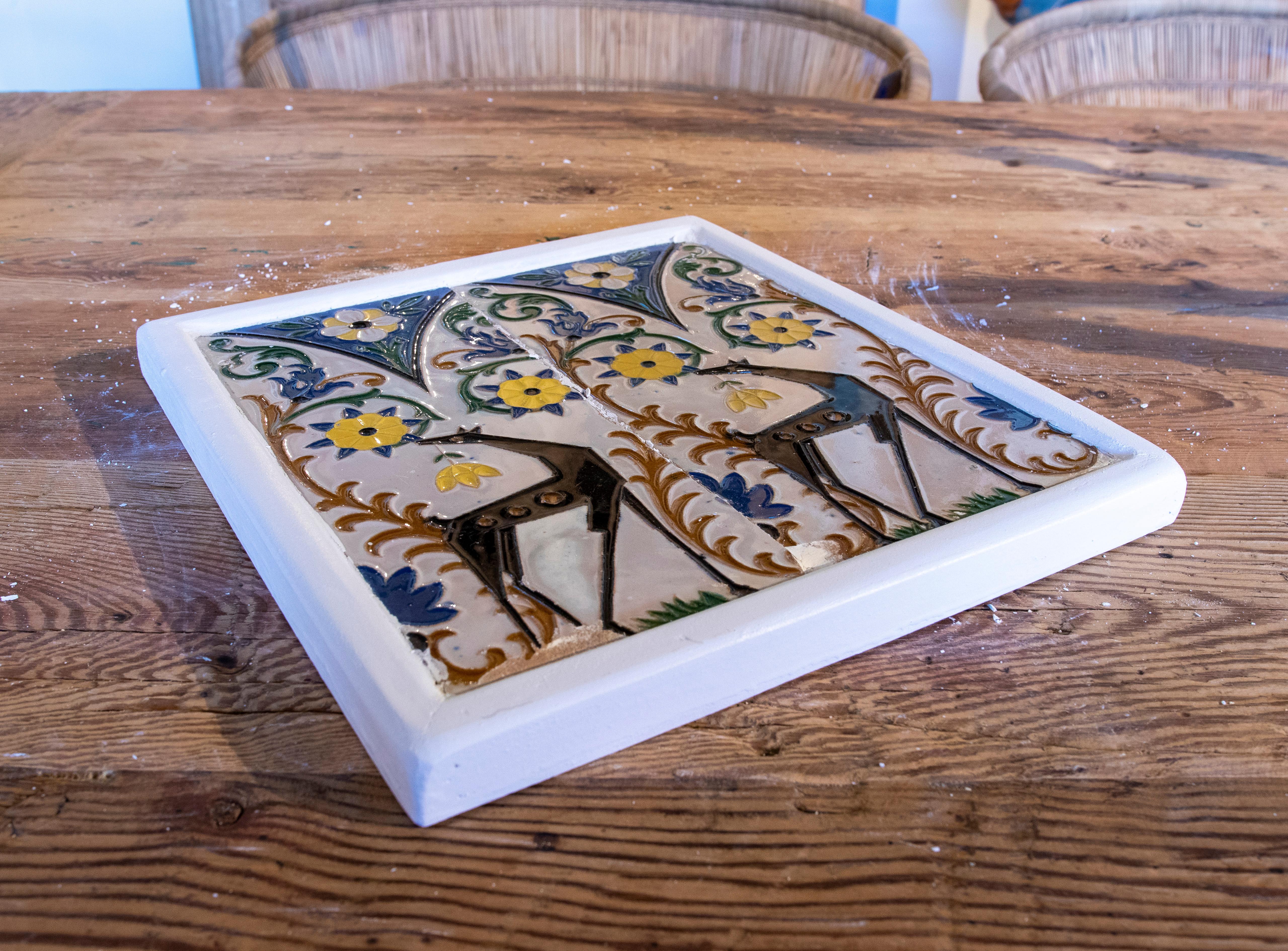 1950s Spanish Decorative Tile Framed in Wood in Different Colours For Sale 3