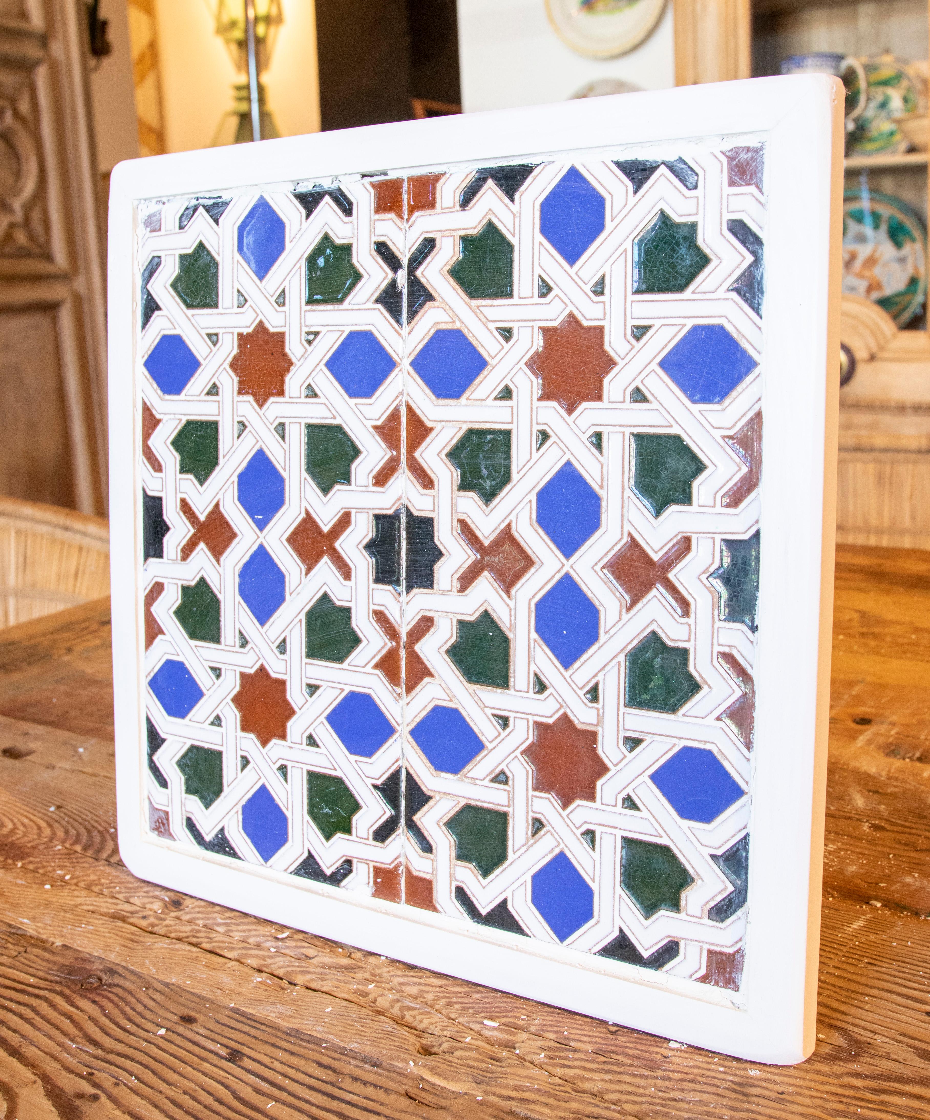 1950s Spanish Decorative Tile Framed in Wood in Different Colors For Sale 3