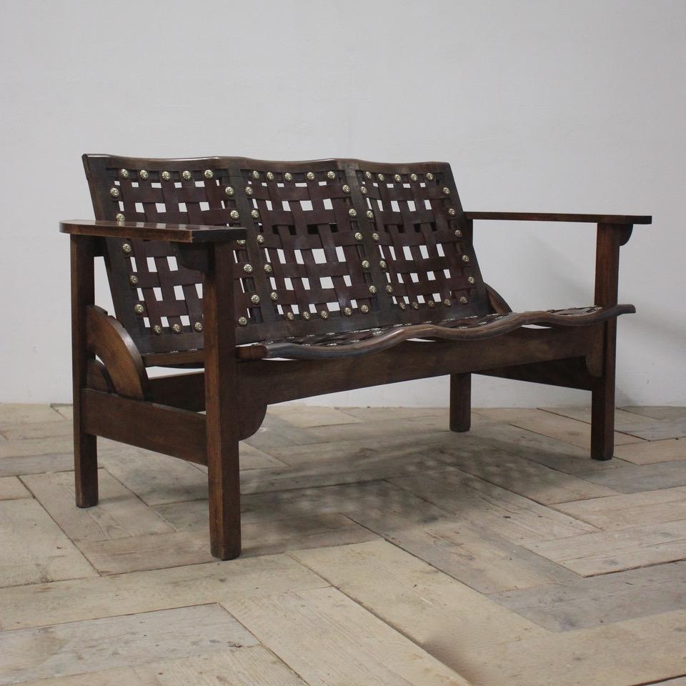 1950s Spanish Folding Bench in Beech and Leather In Good Condition In Gloucestershire, GB