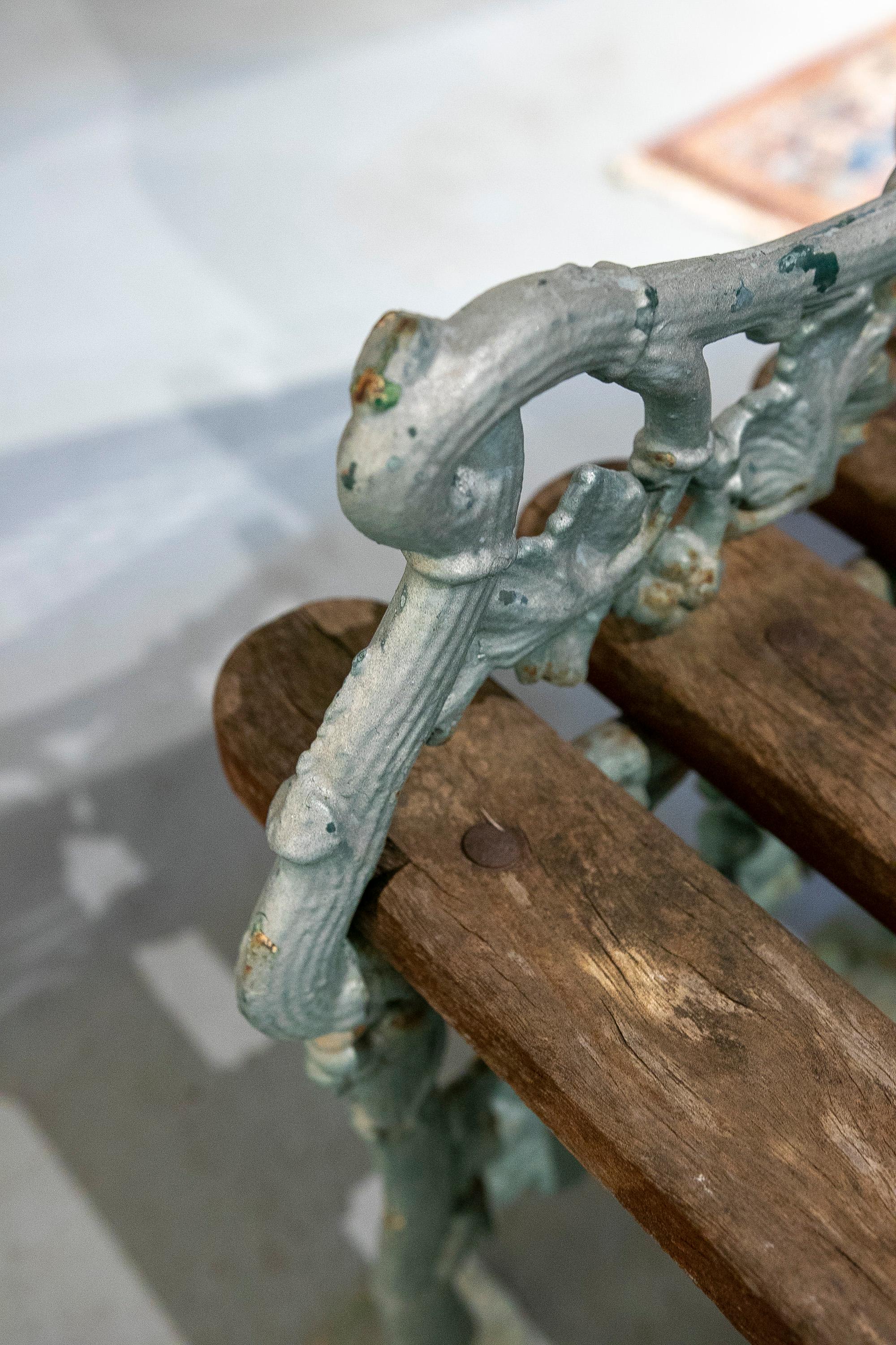 1950s Spanish Garden Bench in Green Painted Iron and Wood 6