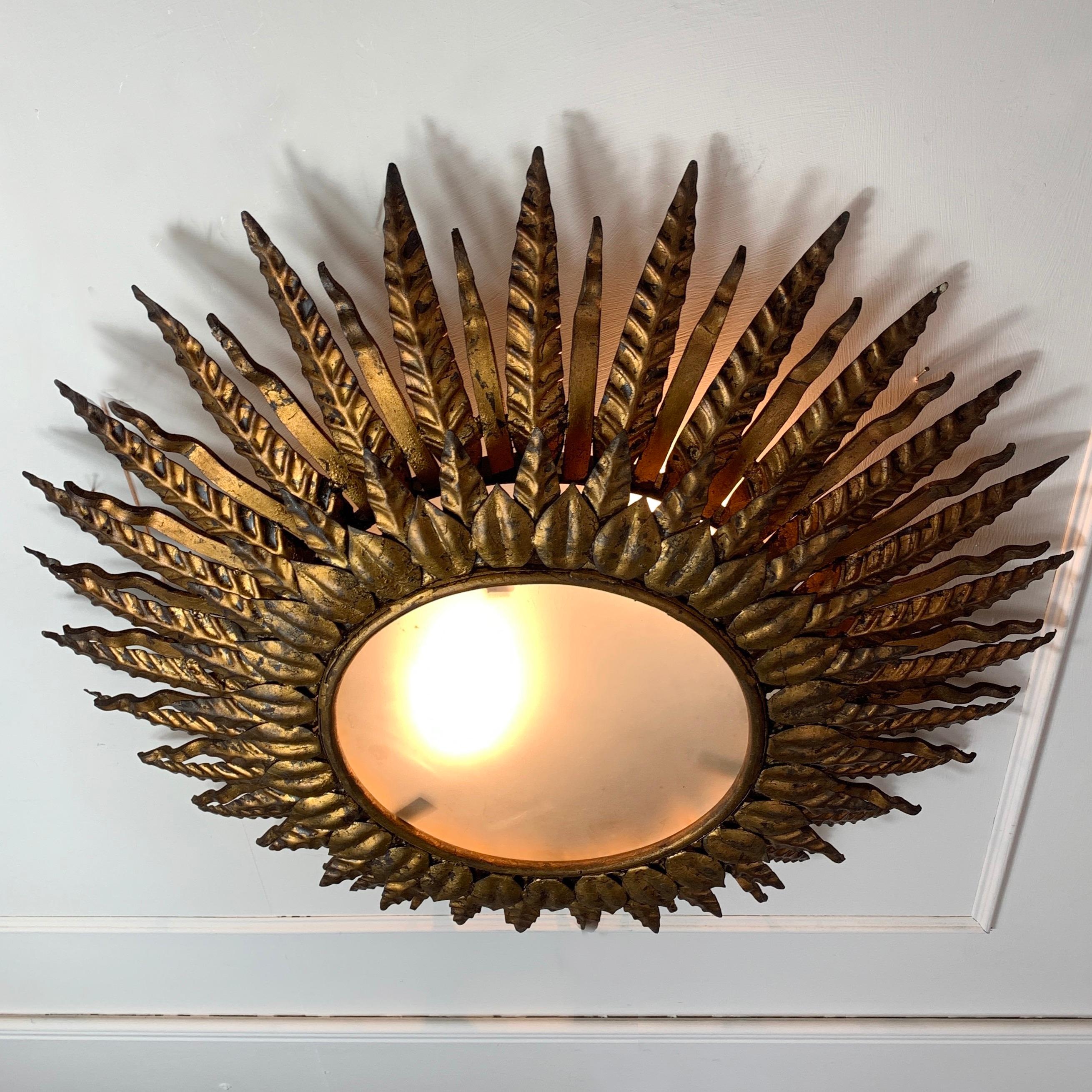 Metal 1950s Spanish Gilt Sunburst Ceiling Light