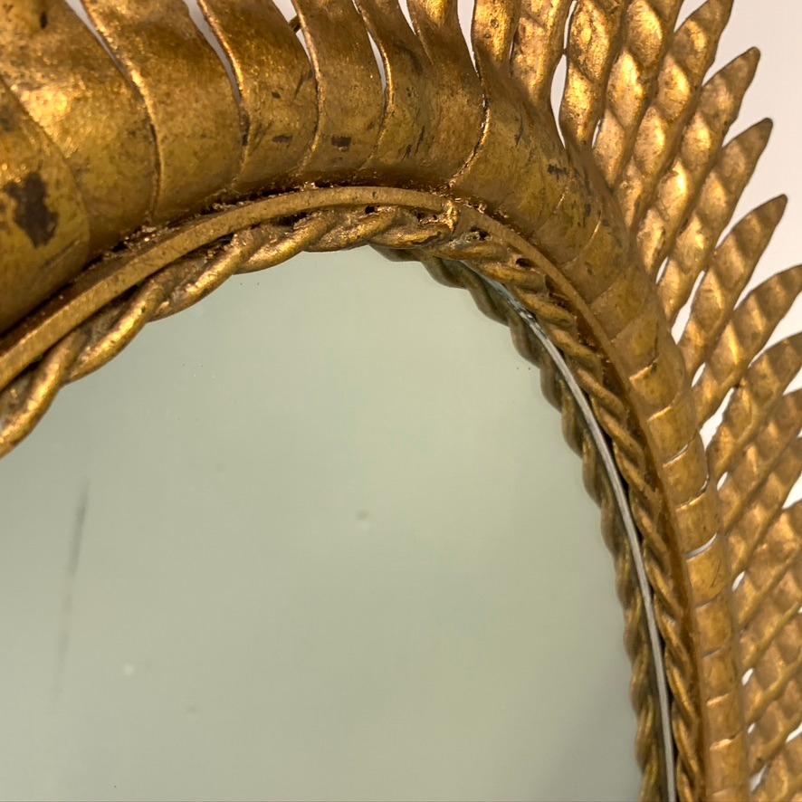 Metal 1950s Spanish Gilt Toleware Oval Sunburst Mirror with Original Glass