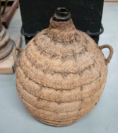 1950s Spanish Glass Demijohn in Hand Woven Esparto Grass Basket