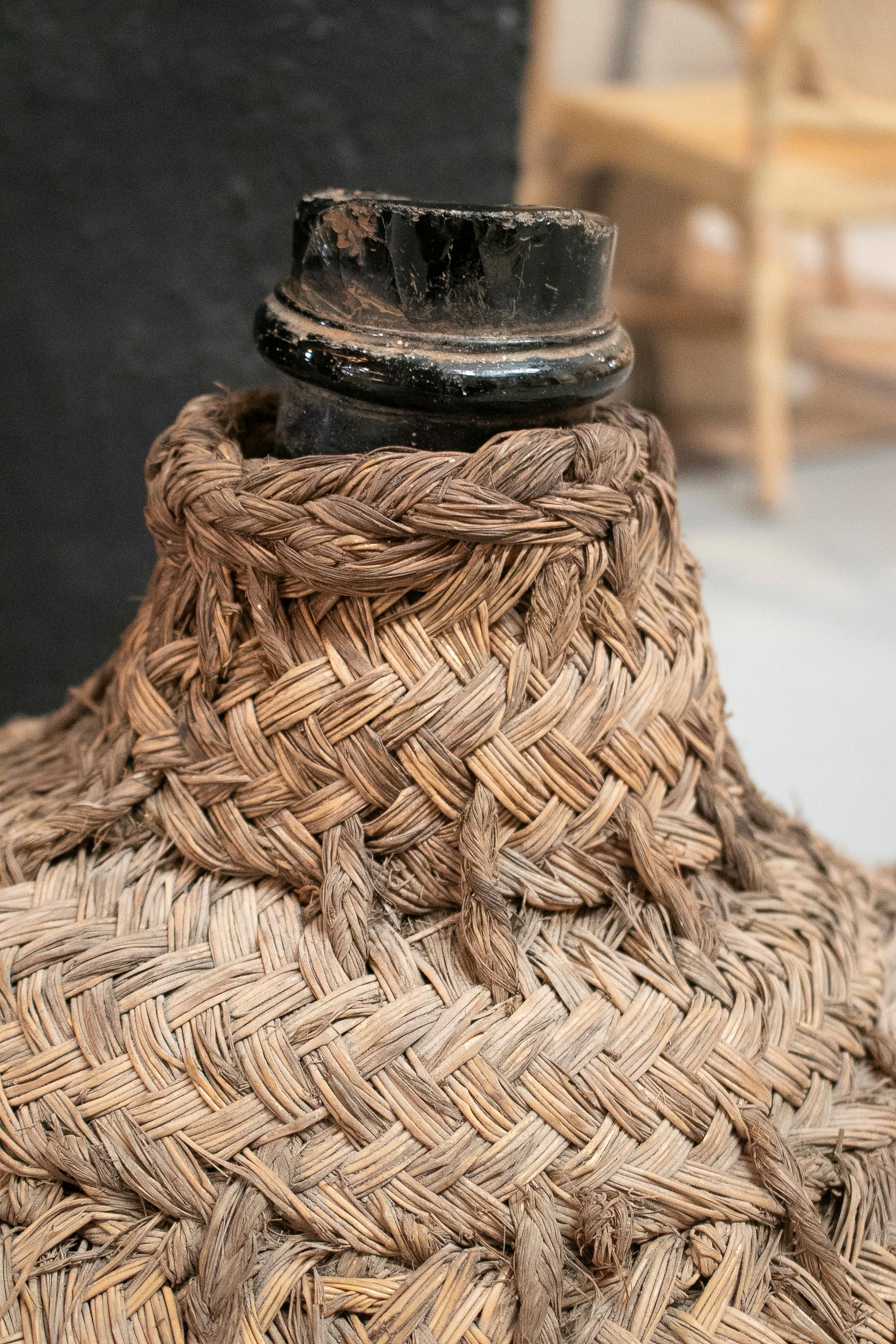 1950s Spanish Glass Demijohn in Hand Woven Esparto Grass Basket 4