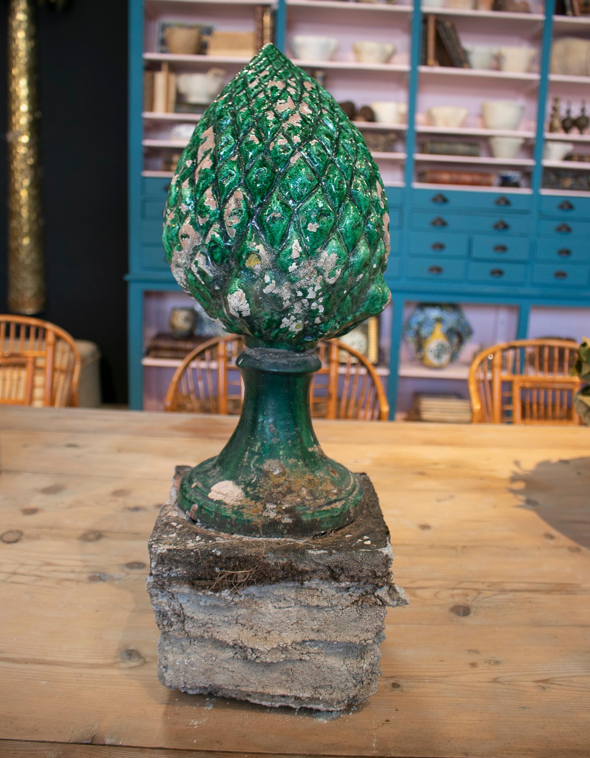 1950s Spanish Green Glazed Terracotta Pineapple Shaped Finial 12