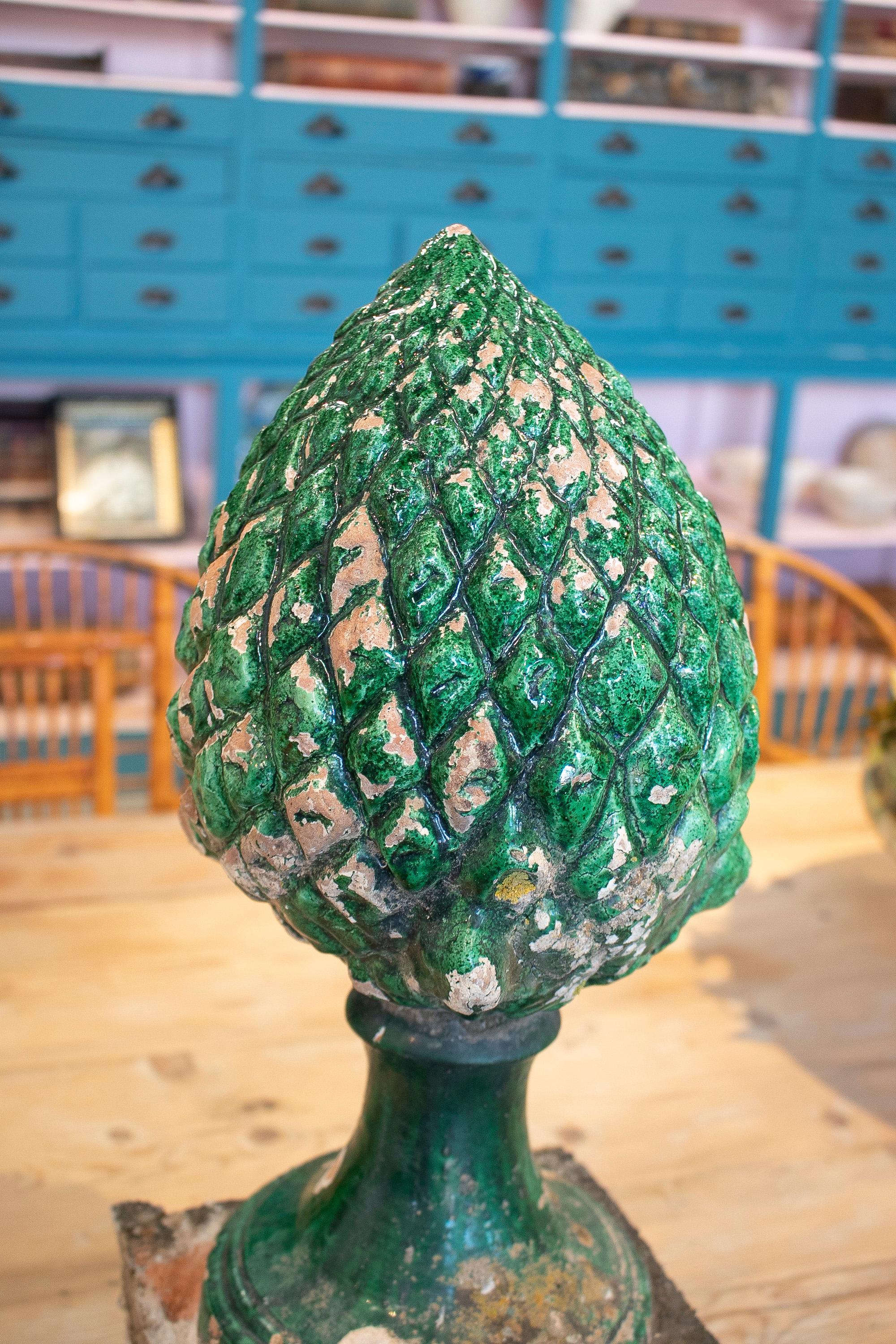 1950s Spanish Green Glazed Terracotta Pineapple Shaped Finial 13