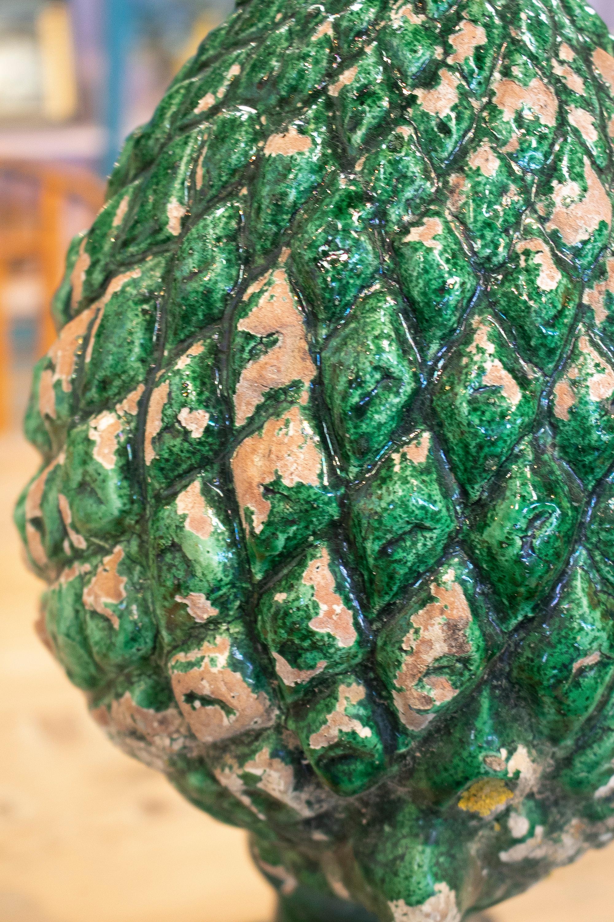 20th Century 1950s Spanish Green Glazed Terracotta Pineapple Shaped Finial