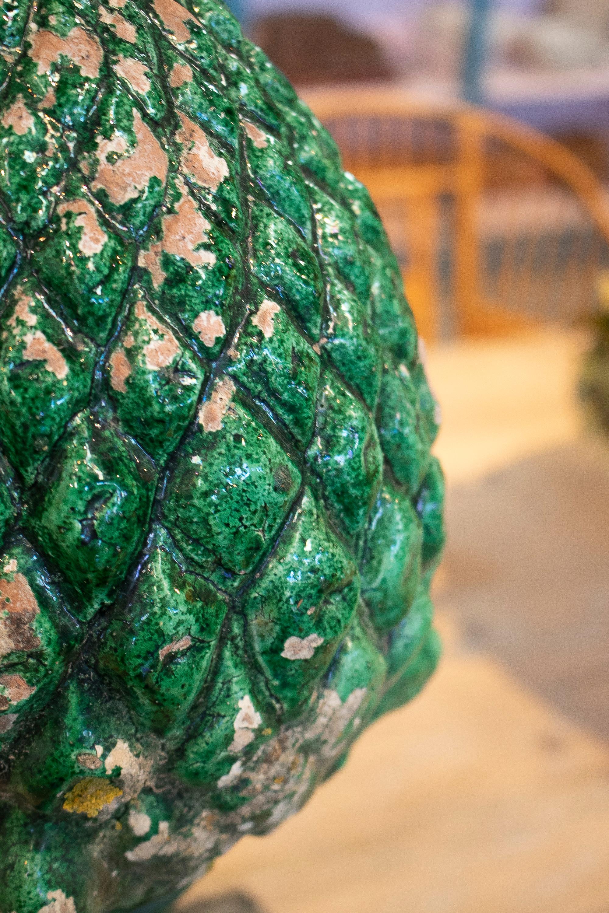 1950s Spanish Green Glazed Terracotta Pineapple Shaped Finial 1