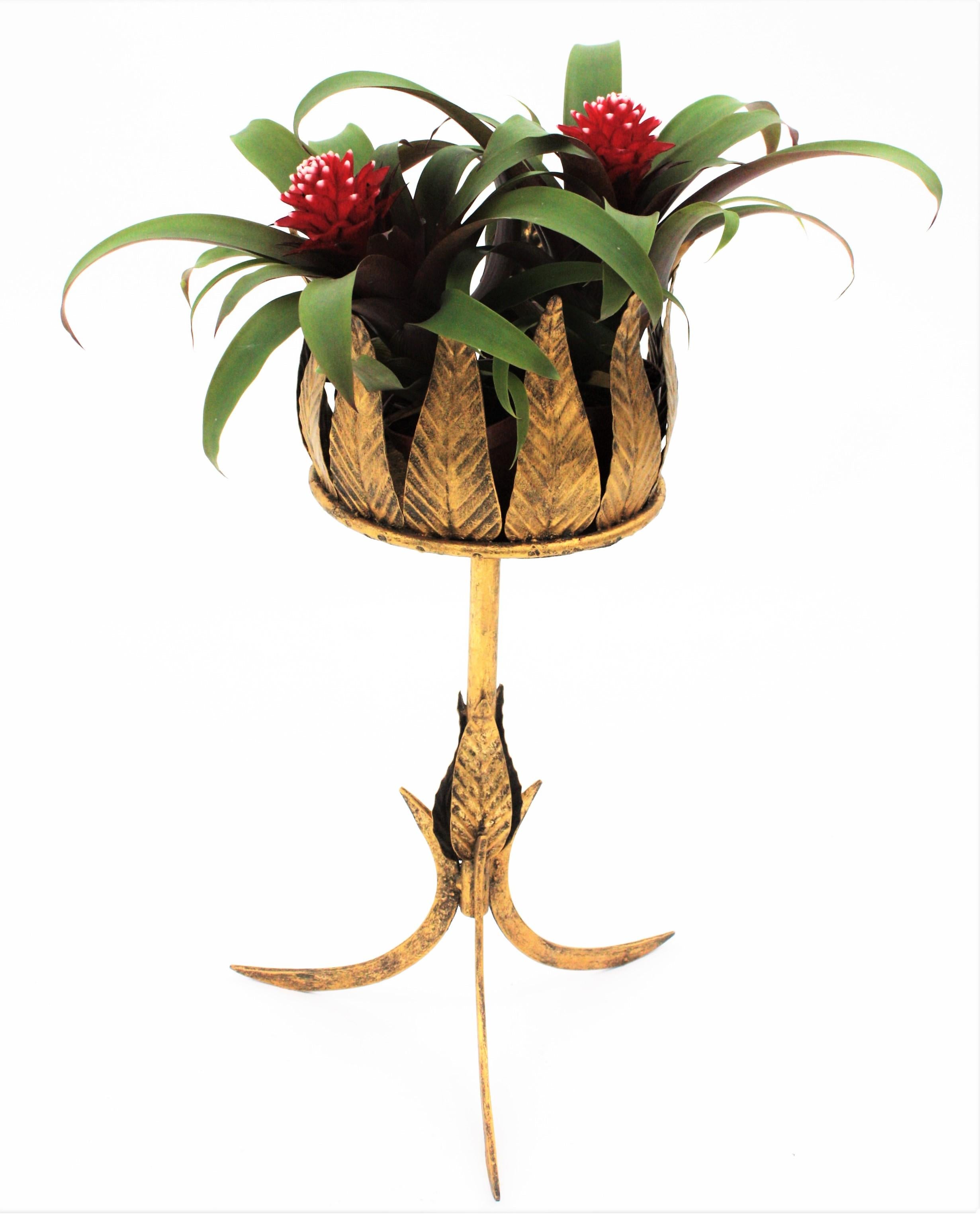 Mid-Century Modern Gilt Metal Leafed Drinks Stand or Planter on a Tripod Base, Spain, 1950s