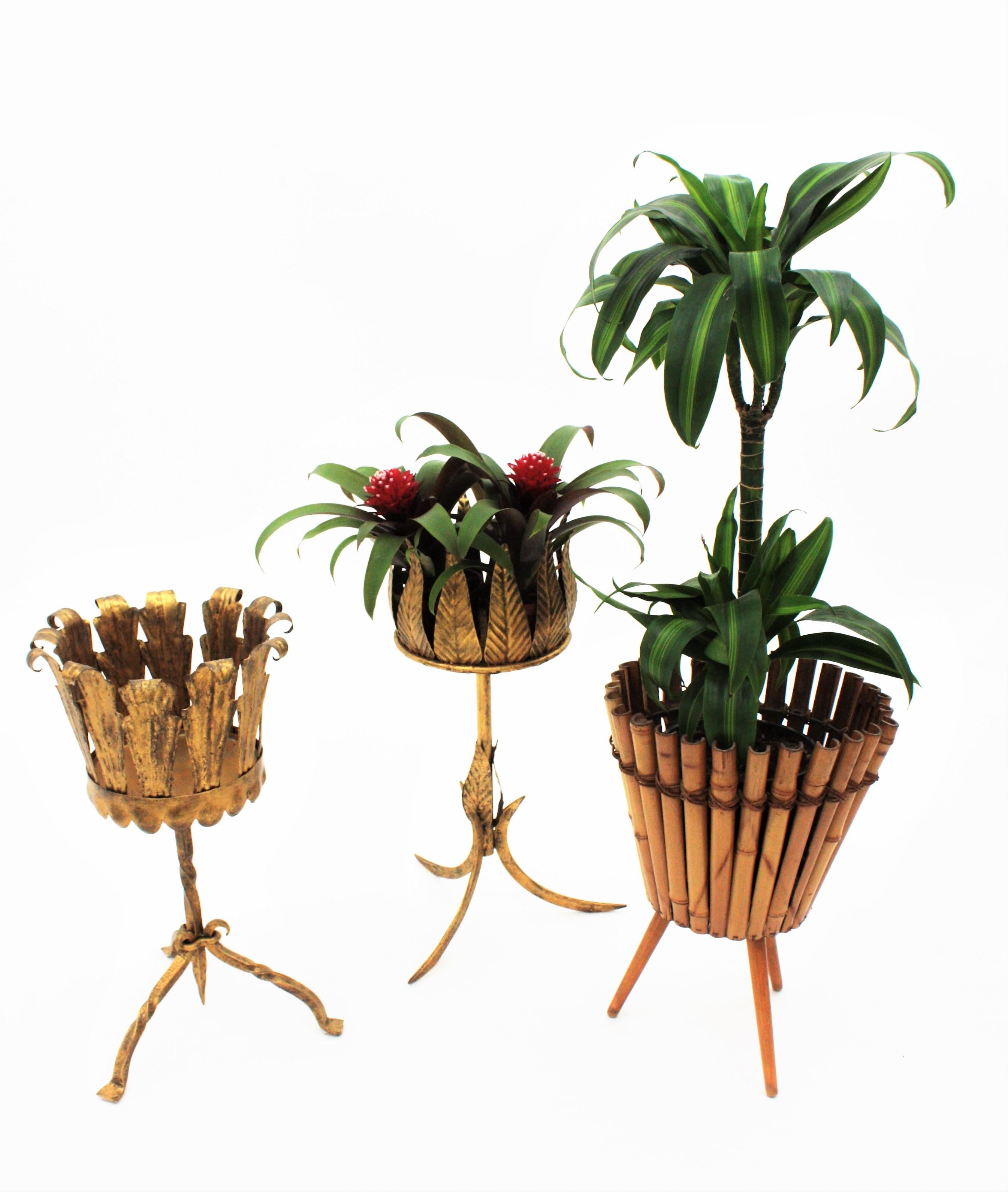 20th Century Gilt Metal Leafed Drinks Stand or Planter on a Tripod Base, Spain, 1950s