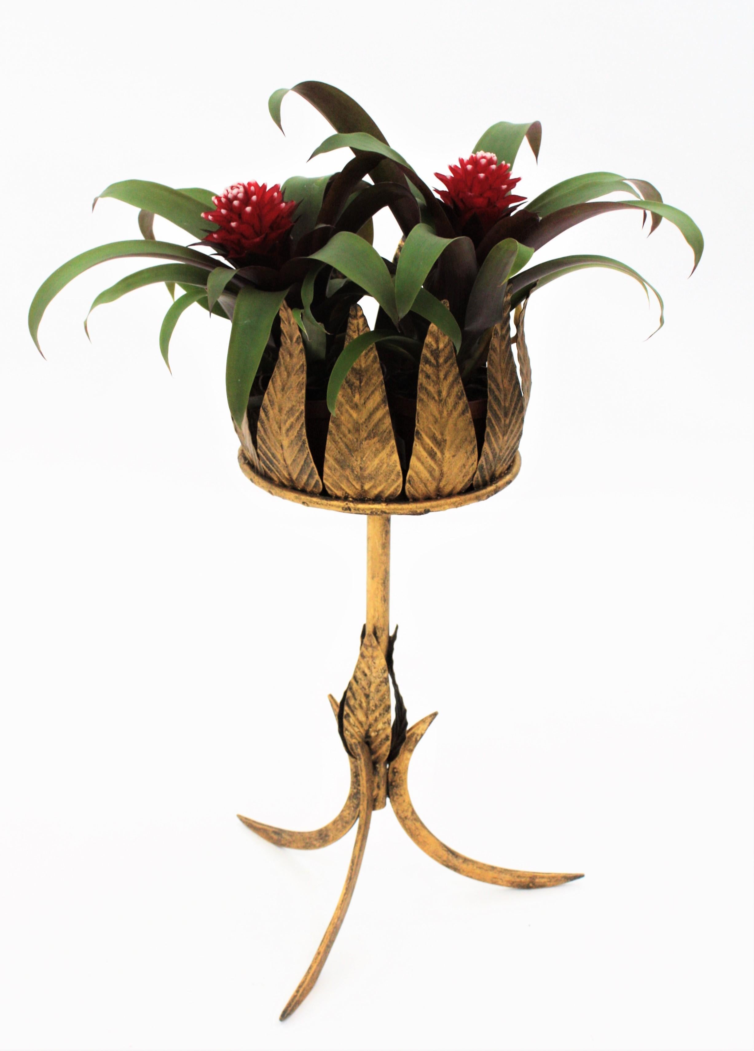 Iron Gilt Metal Leafed Drinks Stand or Planter on a Tripod Base, Spain, 1950s