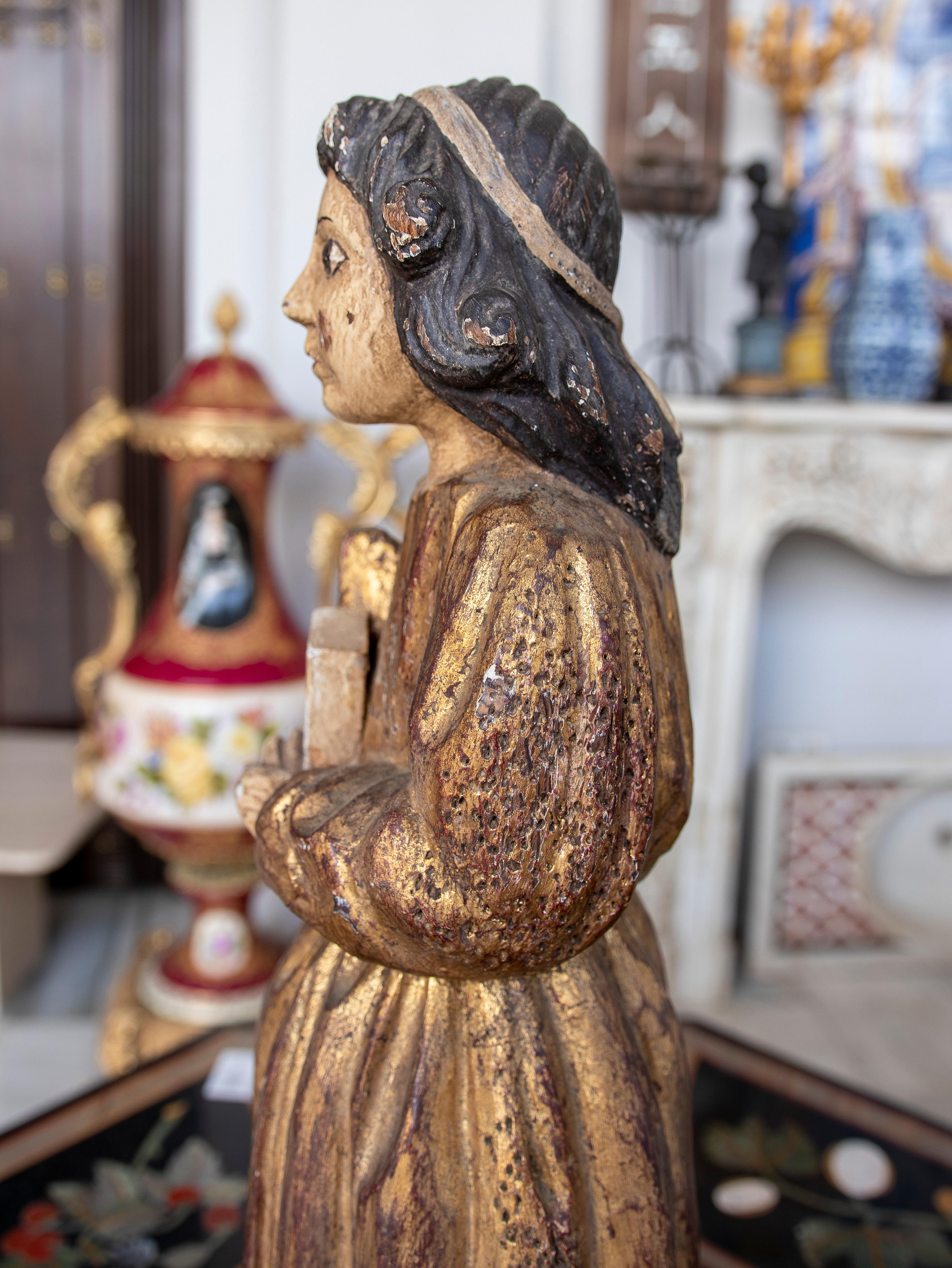 1950s Spanish Hand Carved and Painted Giltwood Romanesque Sculpture Figure For Sale 6