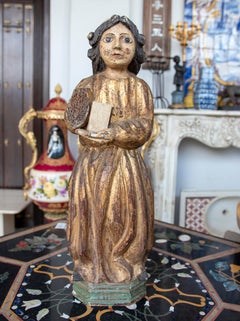 1950s Spanish Hand Carved and Painted Giltwood Romanesque Sculpture Figure