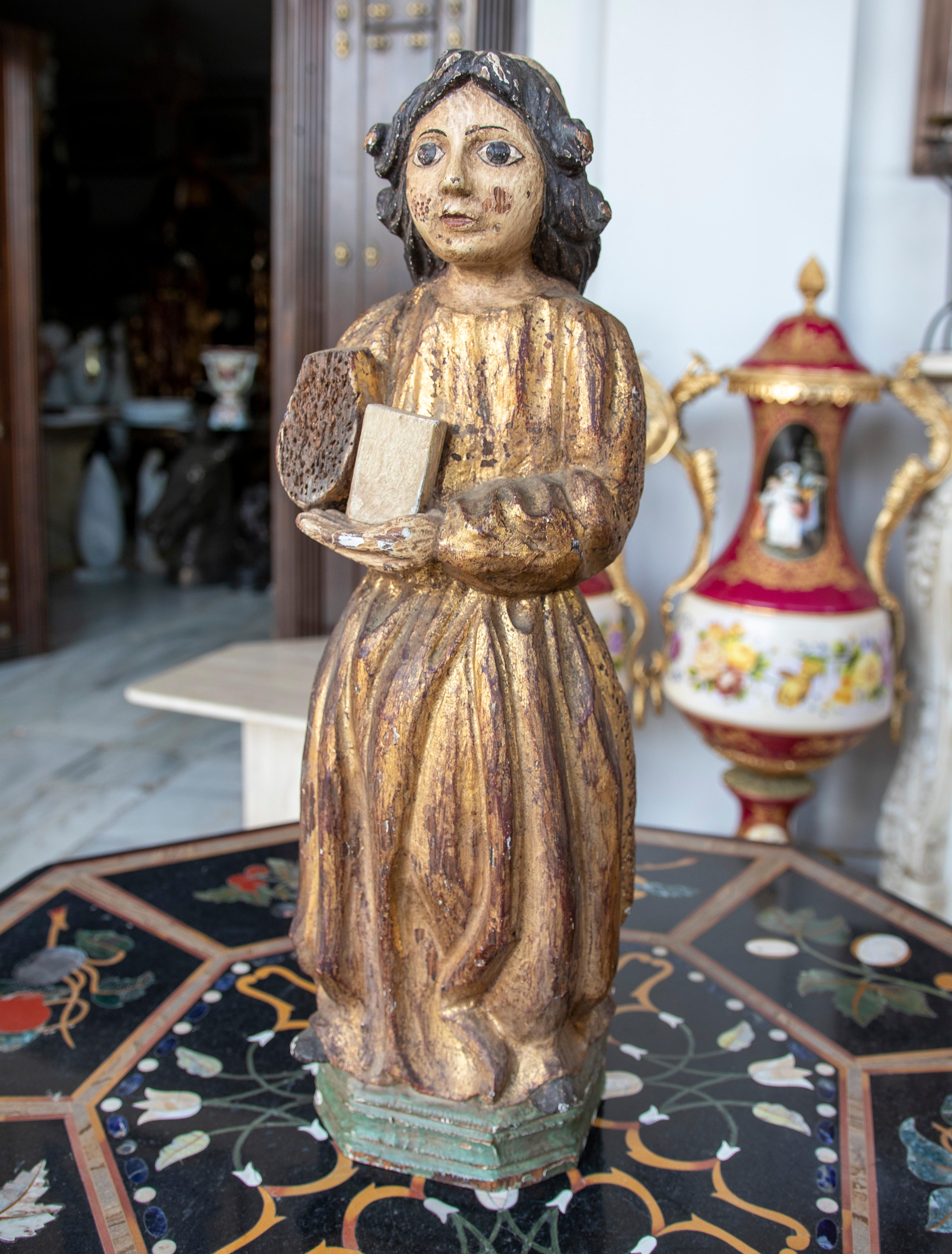 1950s Spanish Hand Carved and Painted Giltwood Romanesque Sculpture Figure In Good Condition For Sale In Marbella, ES