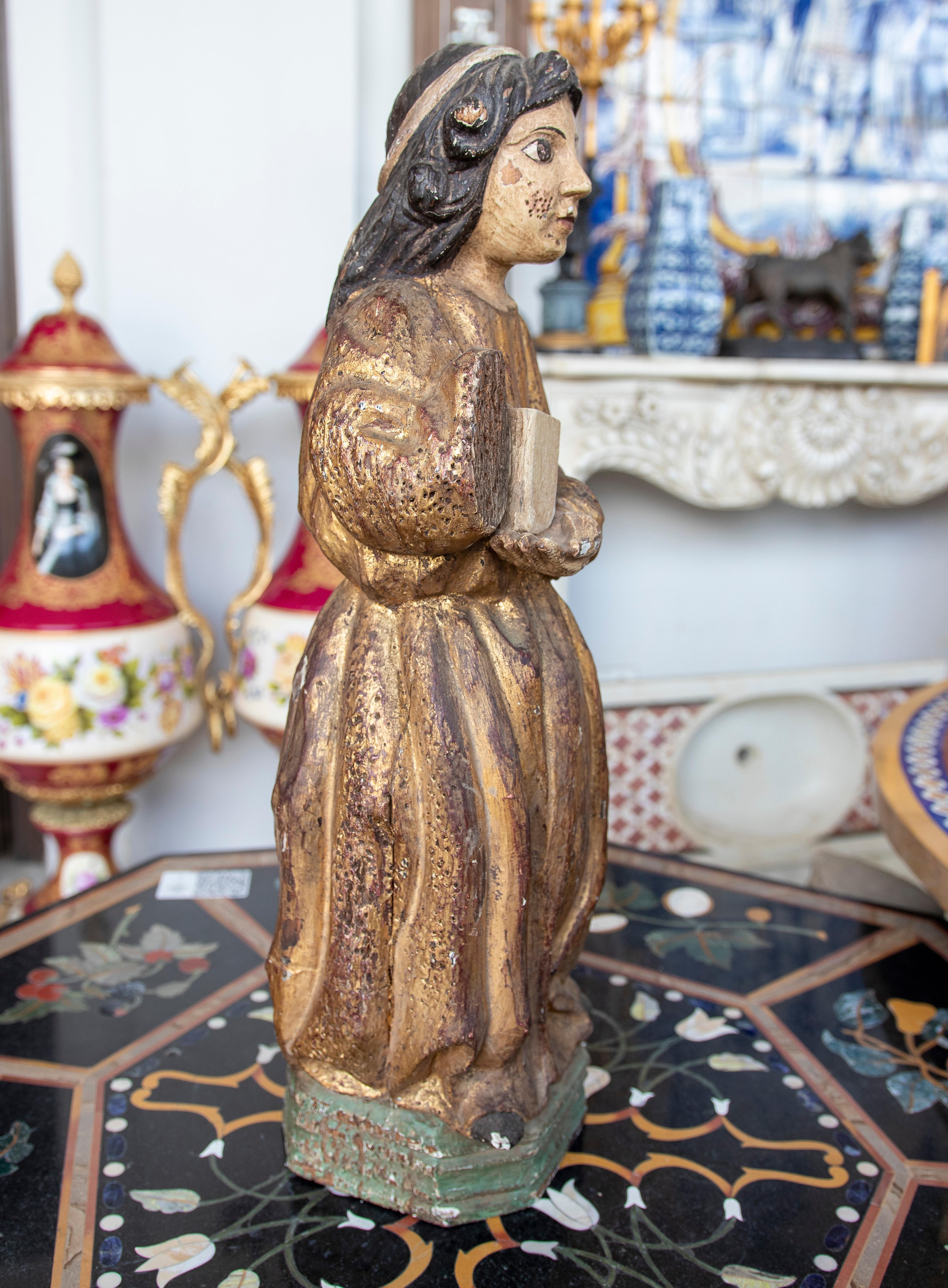 20th Century 1950s Spanish Hand Carved and Painted Giltwood Romanesque Sculpture Figure For Sale