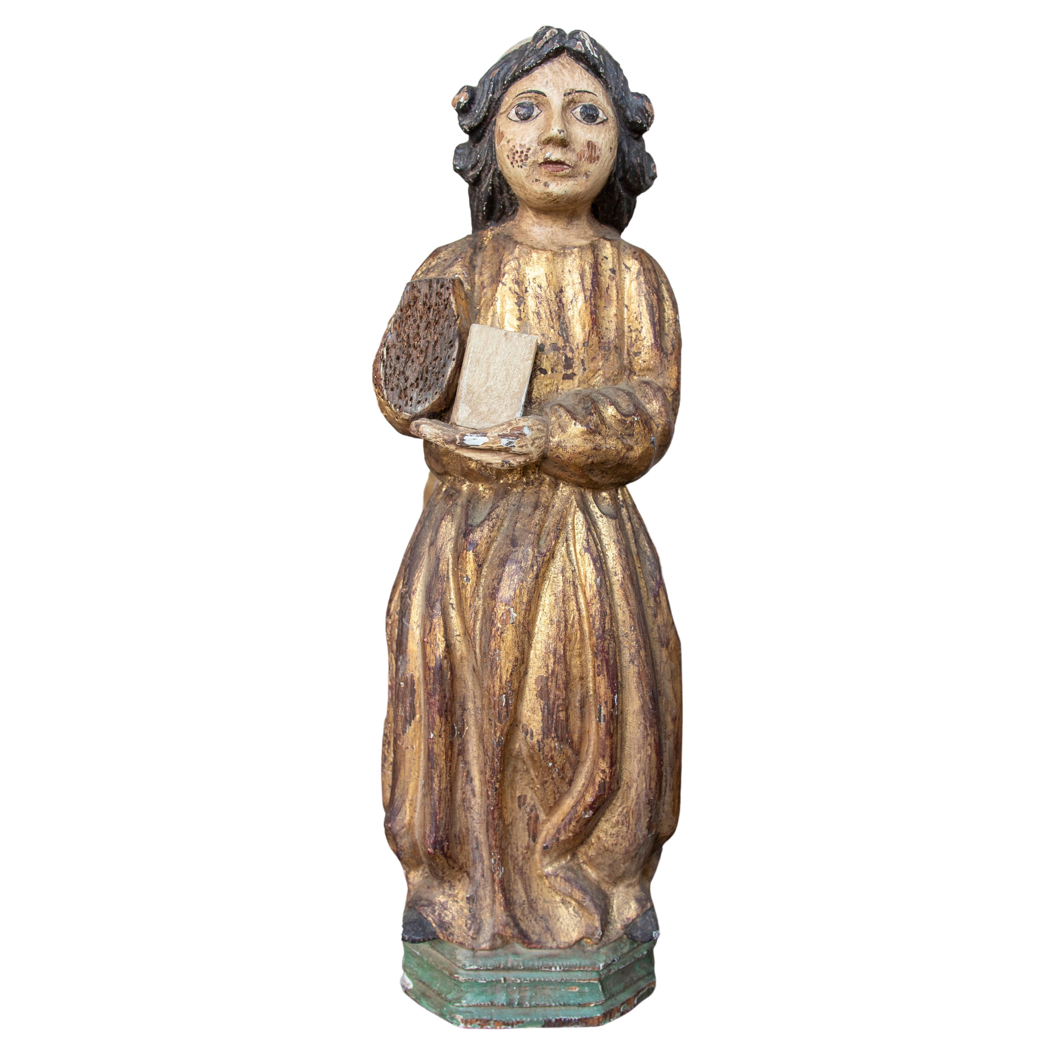 Figure de sculpture romaine espagnole des années 1950 en bois doré sculpté et peint à la main