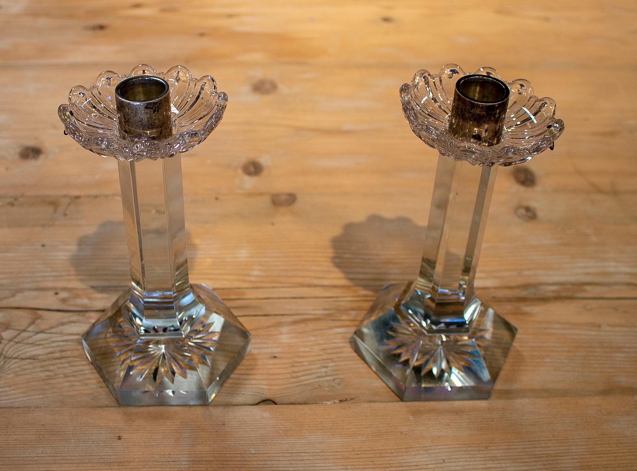 Vintage 1950s Spanish hand caved crystal candlesticks.
  