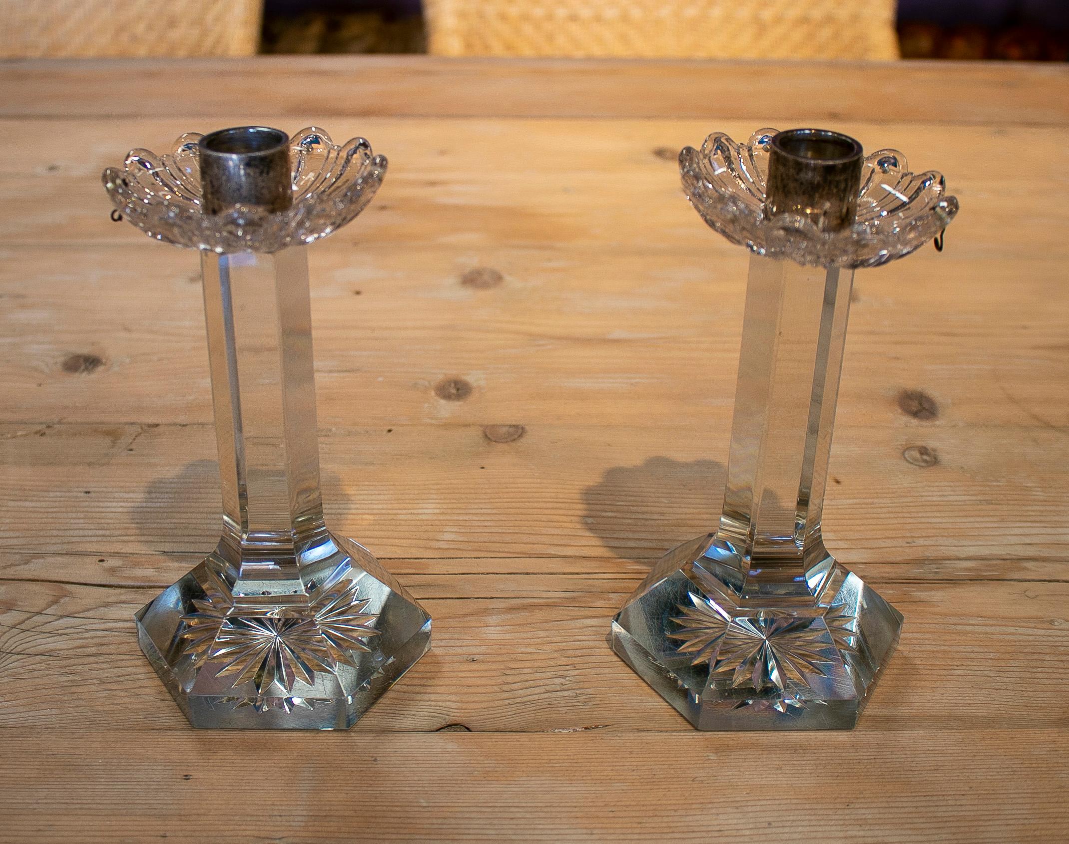 1950s Spanish Hand Carved Crystal Candlesticks In Good Condition In Marbella, ES
