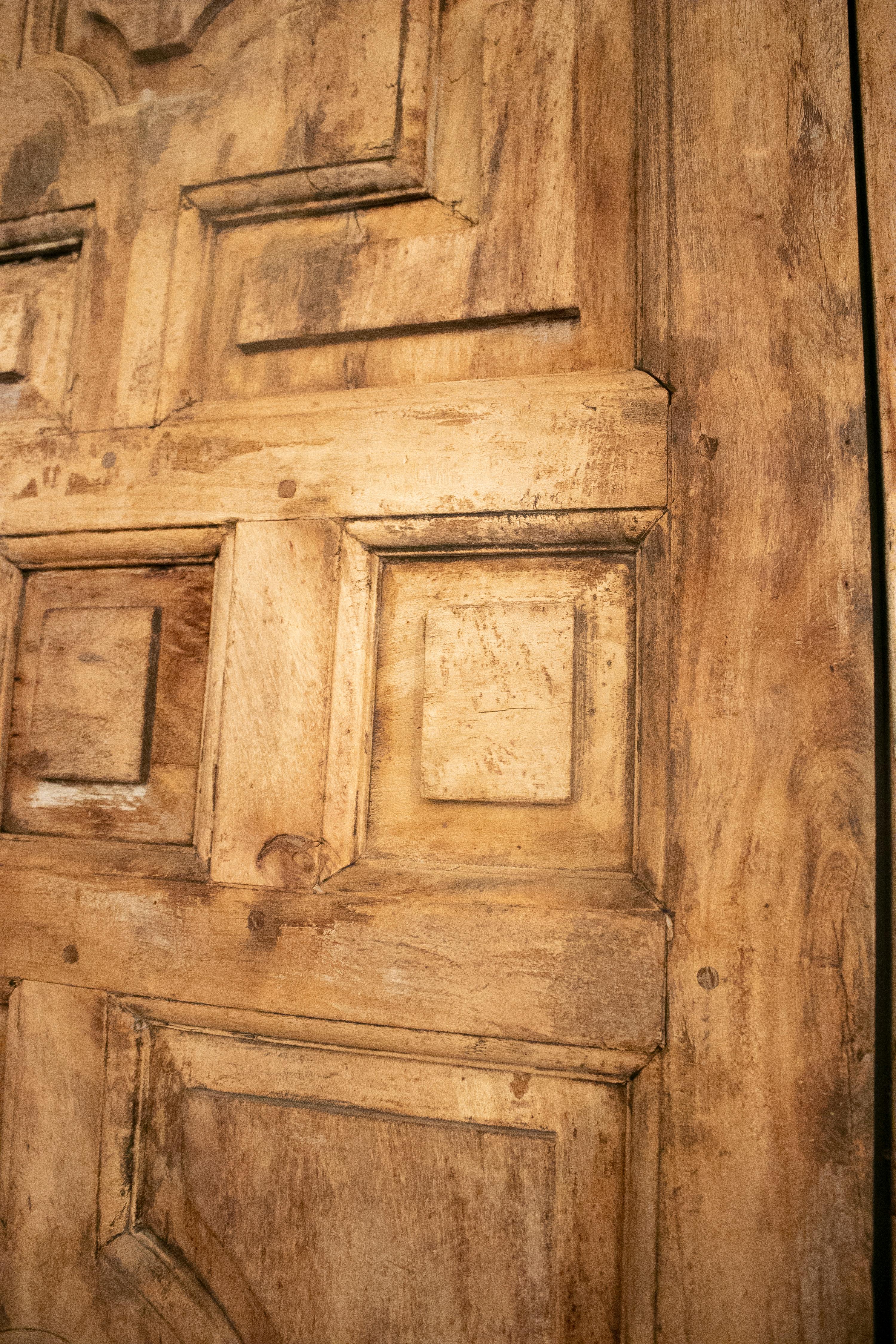 1950s Spanish Hand Carved Elm Wood Paneled Double Door 12