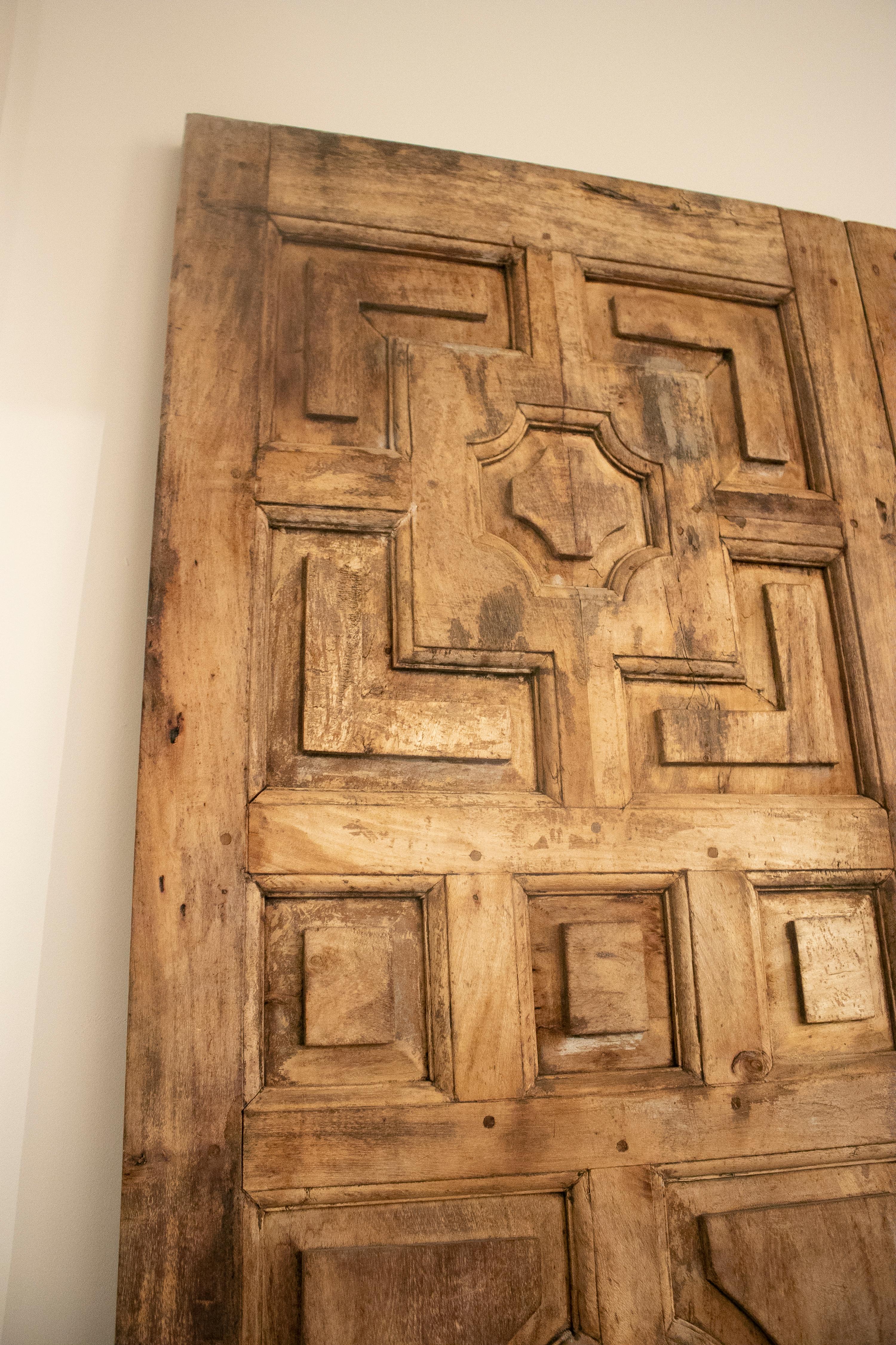 1950s Spanish Hand Carved Elm Wood Paneled Double Door 1