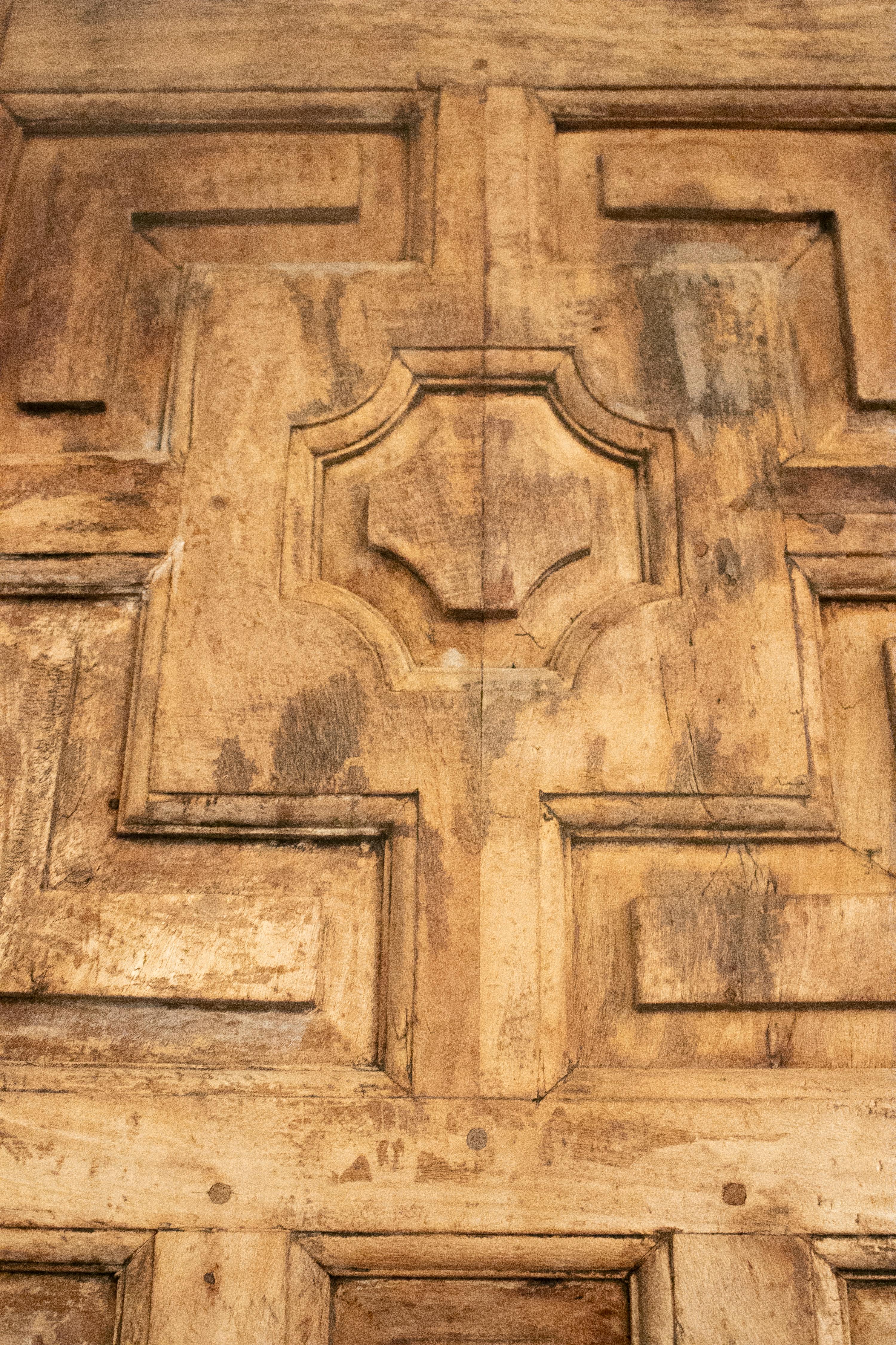 1950s Spanish Hand Carved Elm Wood Paneled Double Door 2