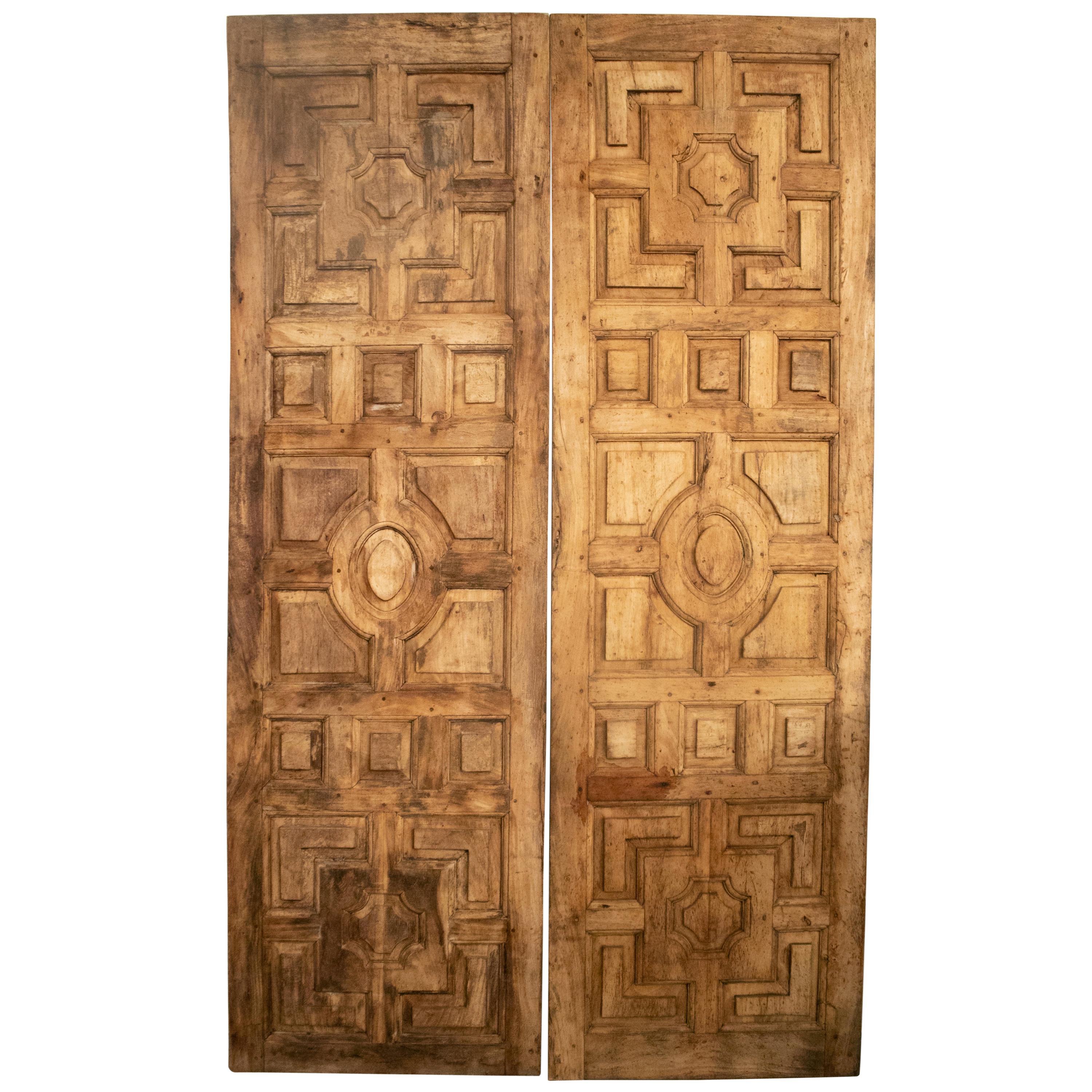 1950s Spanish Hand Carved Elm Wood Paneled Double Door