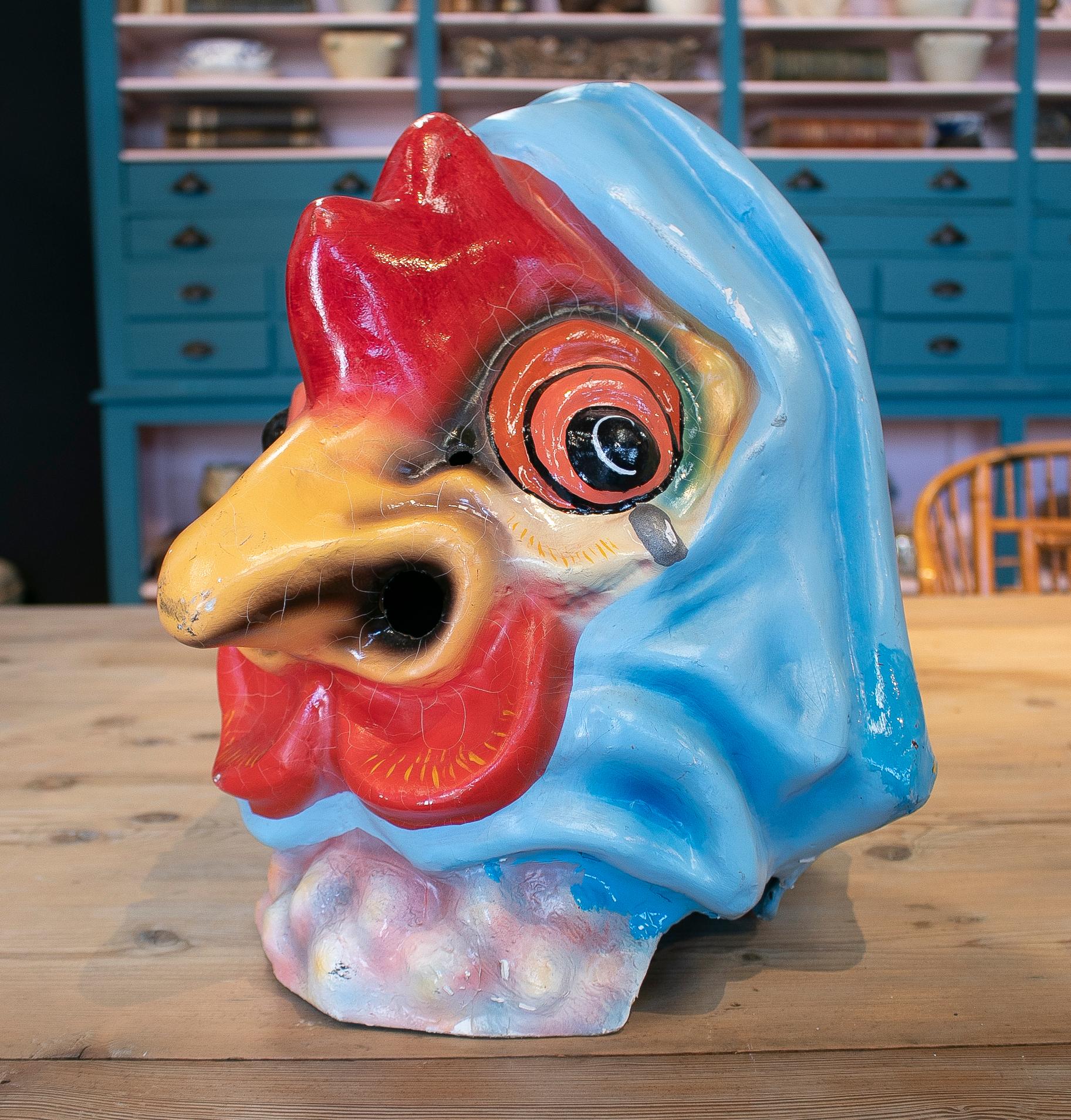 1950s Spanish Hand Painted Cock Head Papier-mâché Festival Mask In Good Condition In Marbella, ES