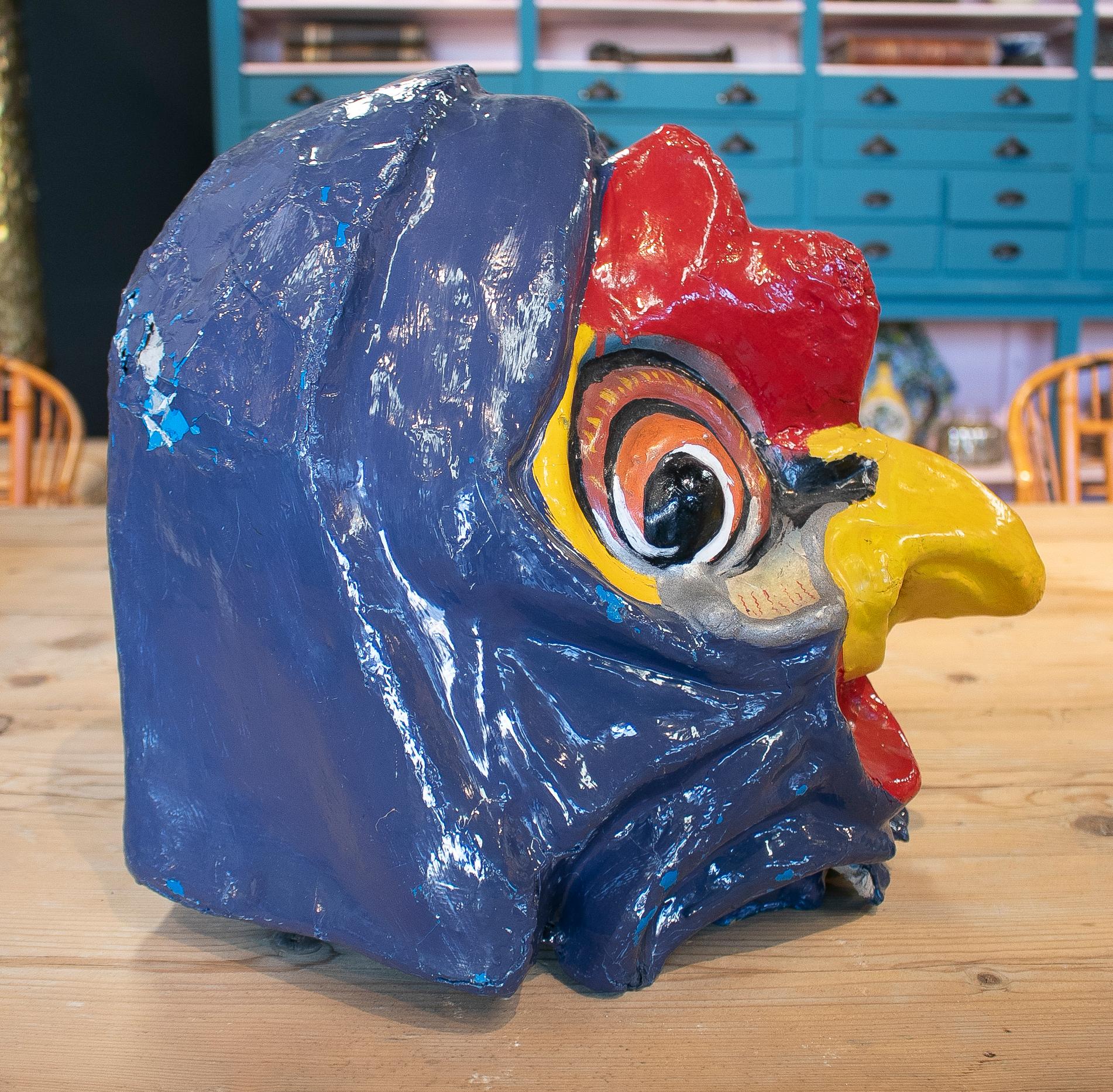 20th Century 1950s Spanish Hand Painted Cock Head Papier-Mâché Festival Mask For Sale