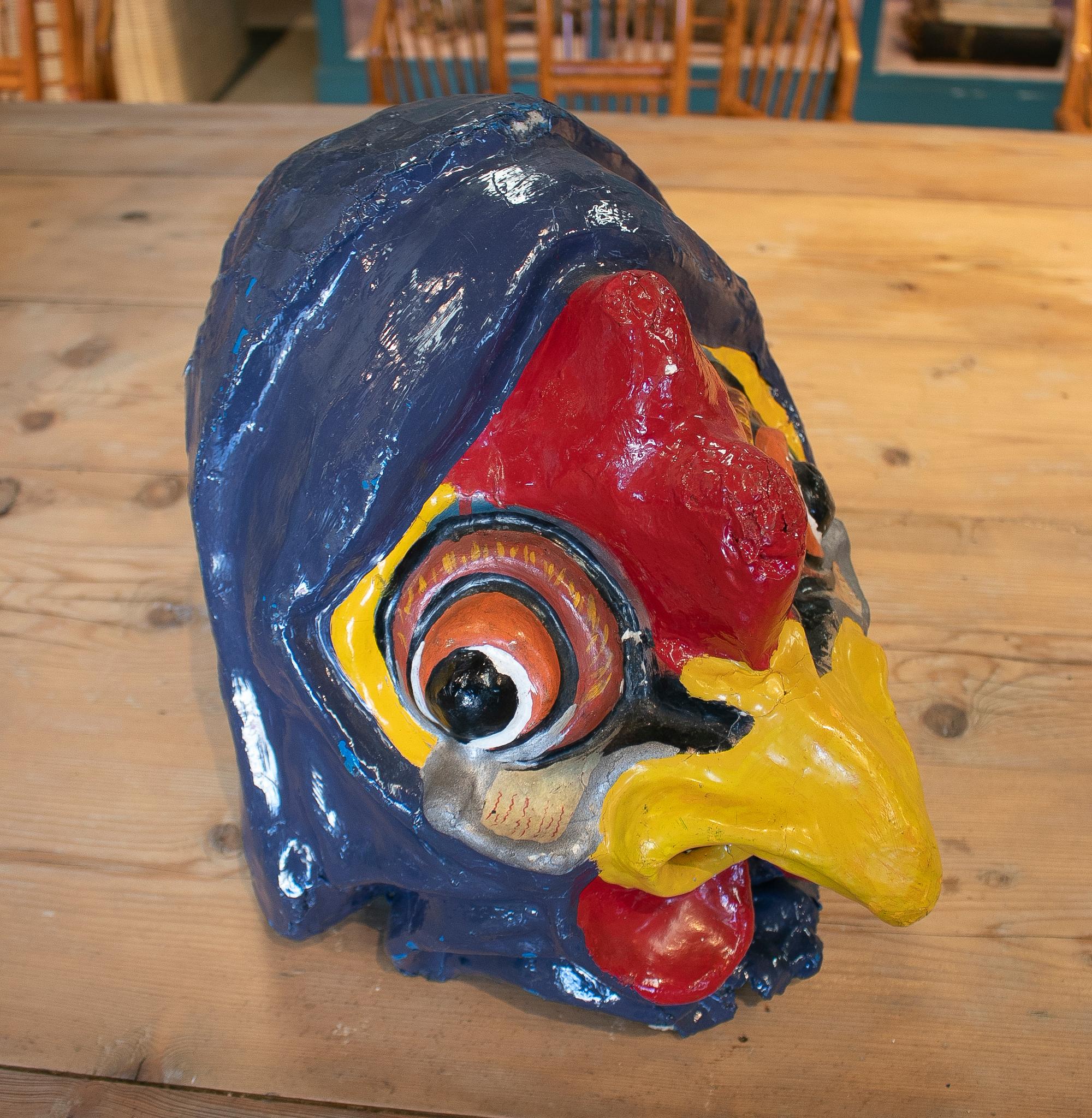 Paper 1950s Spanish Hand Painted Cock Head Papier-Mâché Festival Mask For Sale