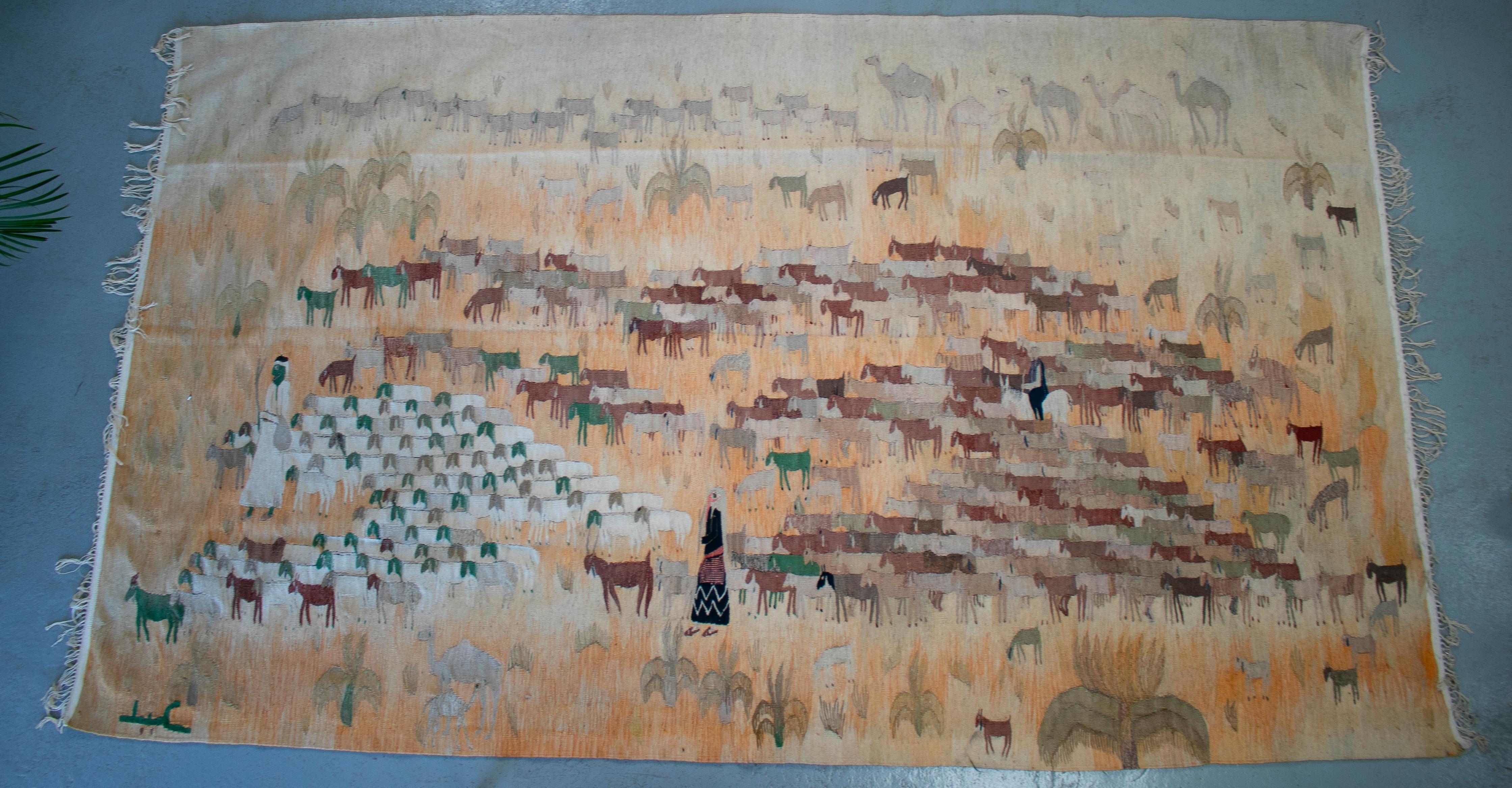 1950s Spanish Hand Woven Tapestry with Shepherd and Animals Scene 10