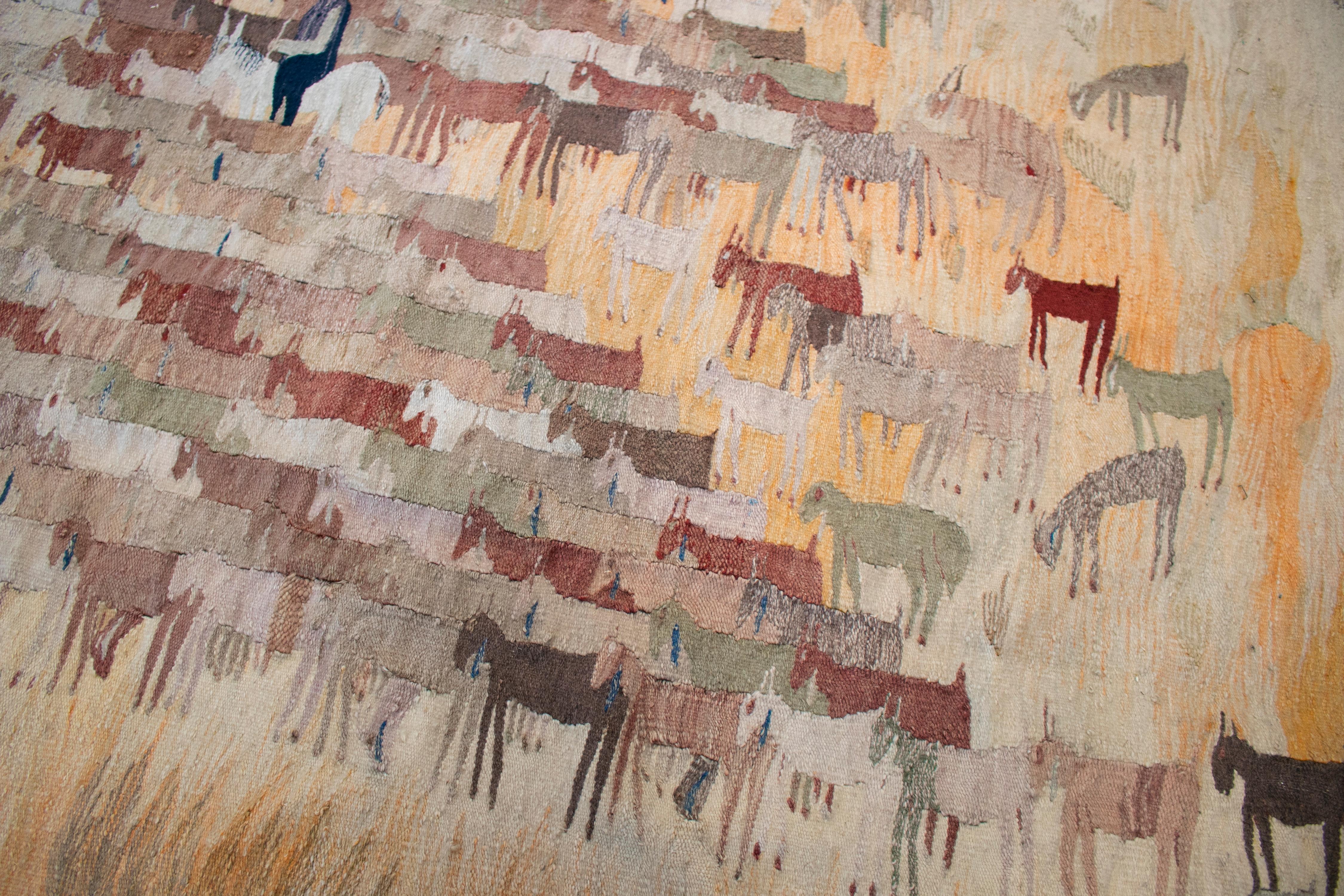 1950s Spanish Hand Woven Tapestry with Shepherd and Animals Scene 12