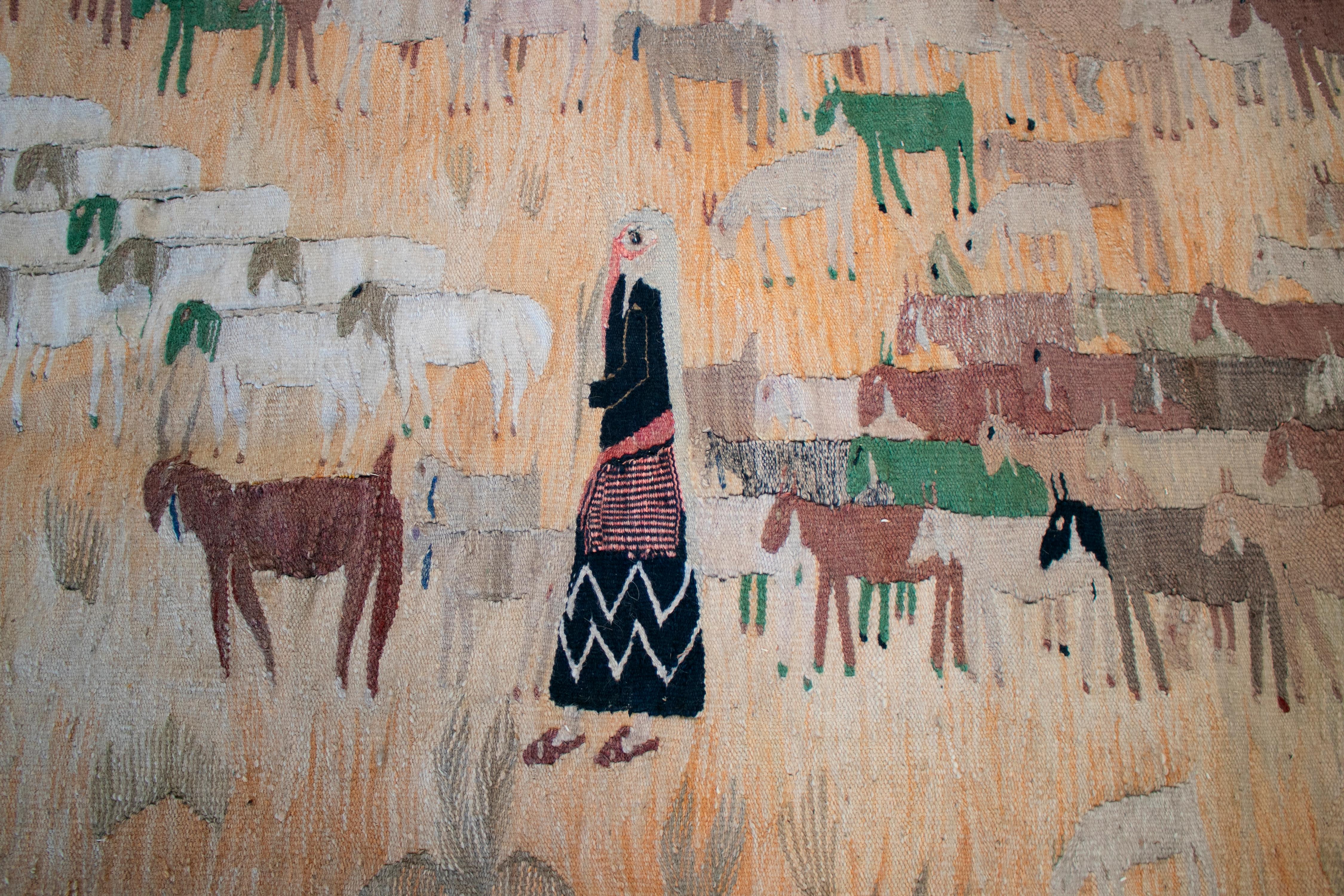 1950s Spanish Hand Woven Tapestry with Shepherd and Animals Scene 14