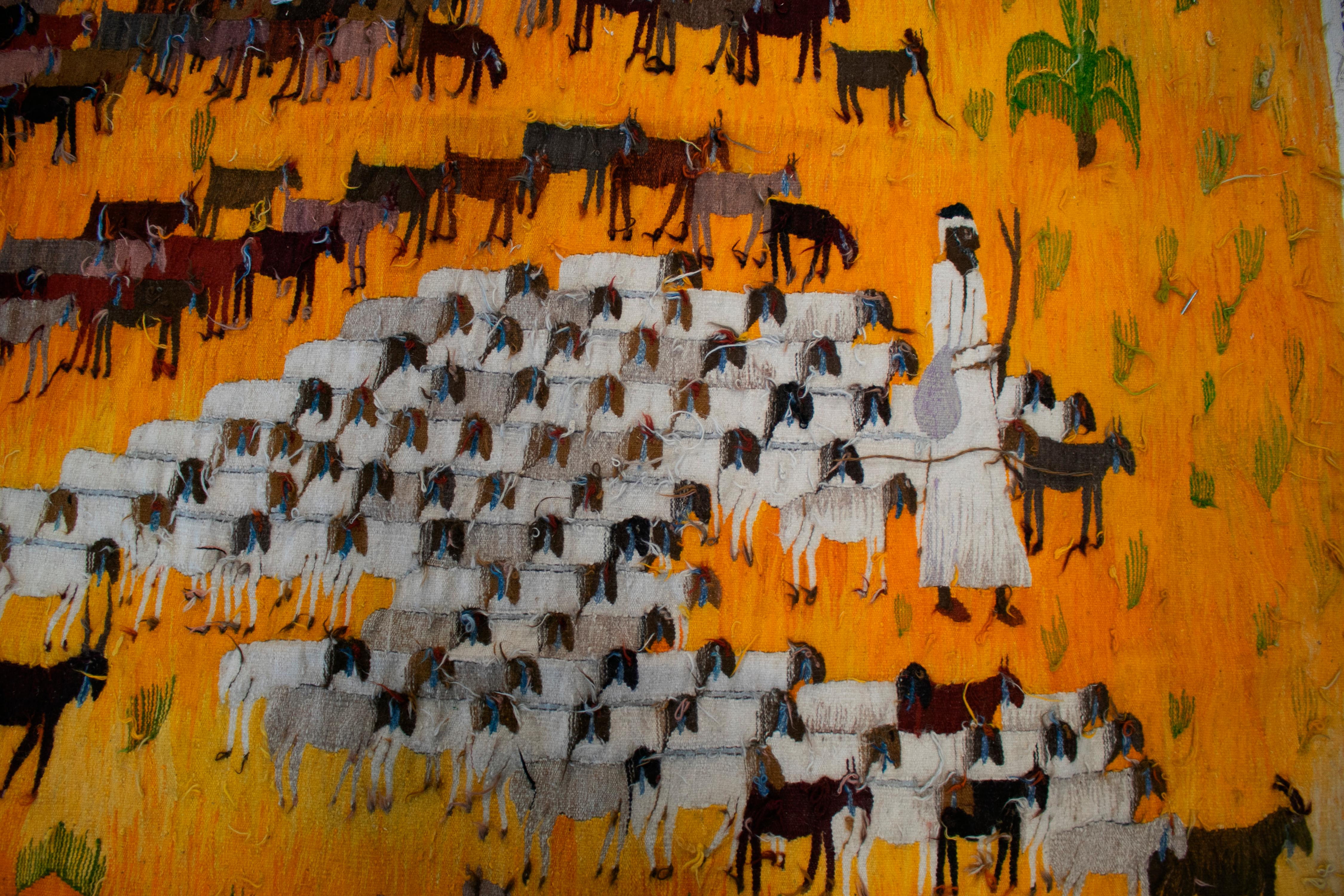 20th Century 1950s Spanish Hand Woven Tapestry with Shepherd and Animals Scene