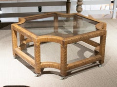 1950s Spanish Hand Woven Wicker on Wood Coffee Table