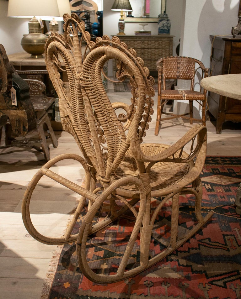 1950s Spanish Hand Woven Wicker Rocking Chair For Sale 1