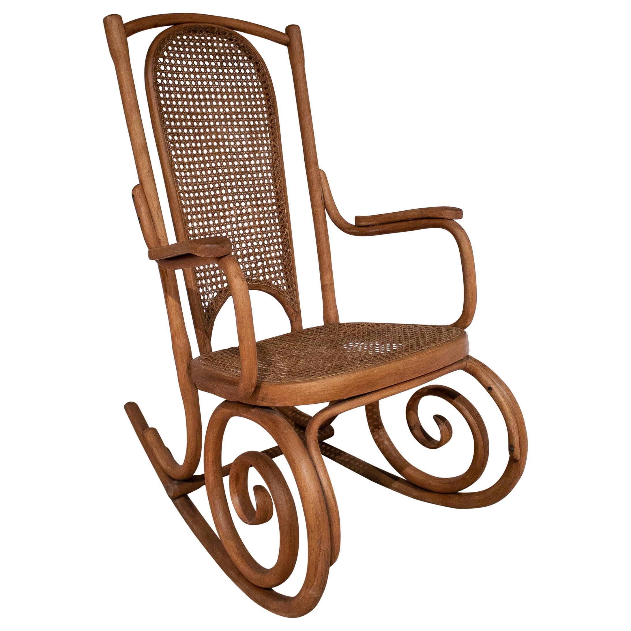 1950s Spanish Hand Woven Wicker Wooden Rocking Chair