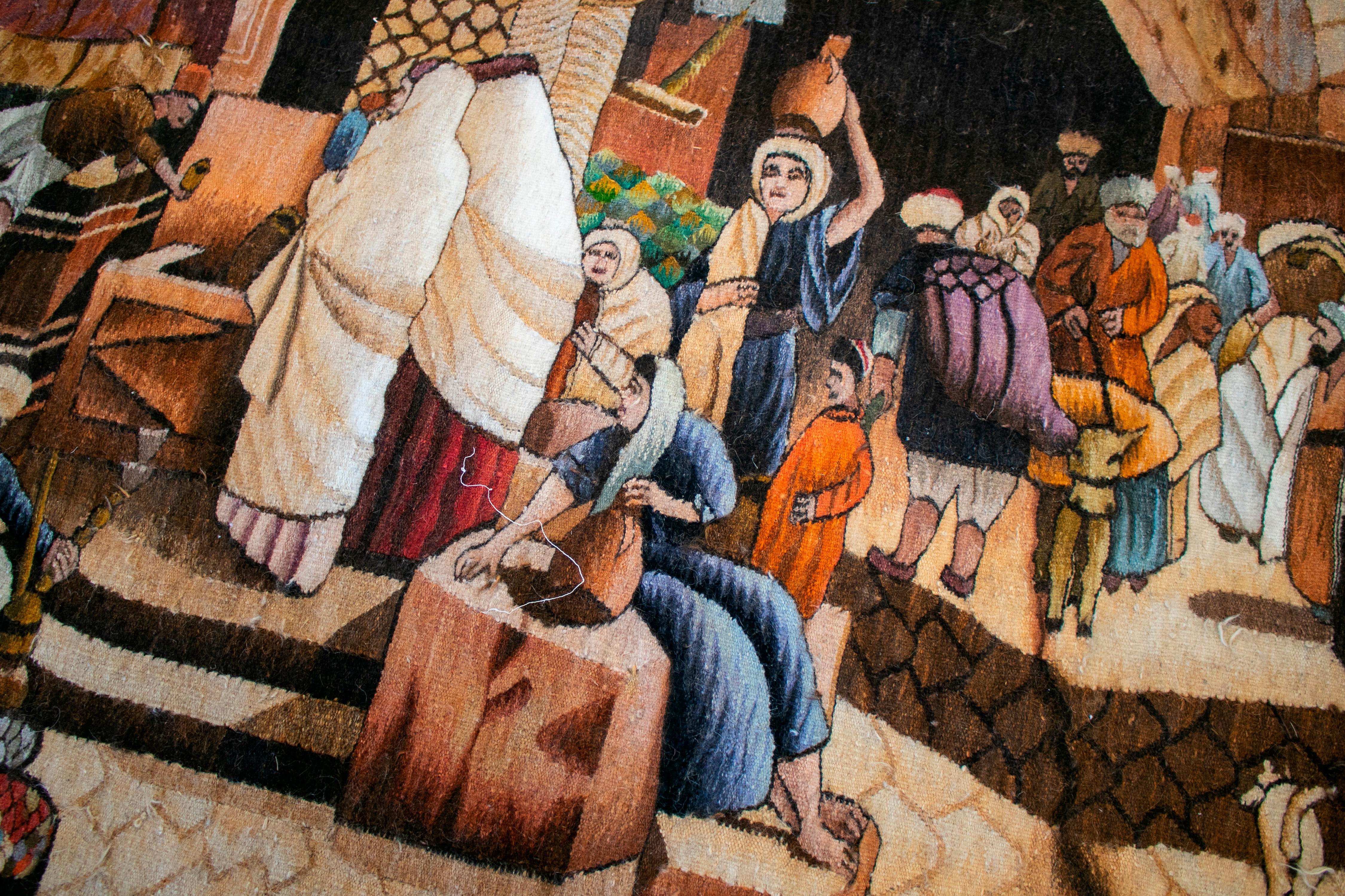 1950s Spanish Hand Woven Wool Tapestry with Arab Market Scene For Sale 5
