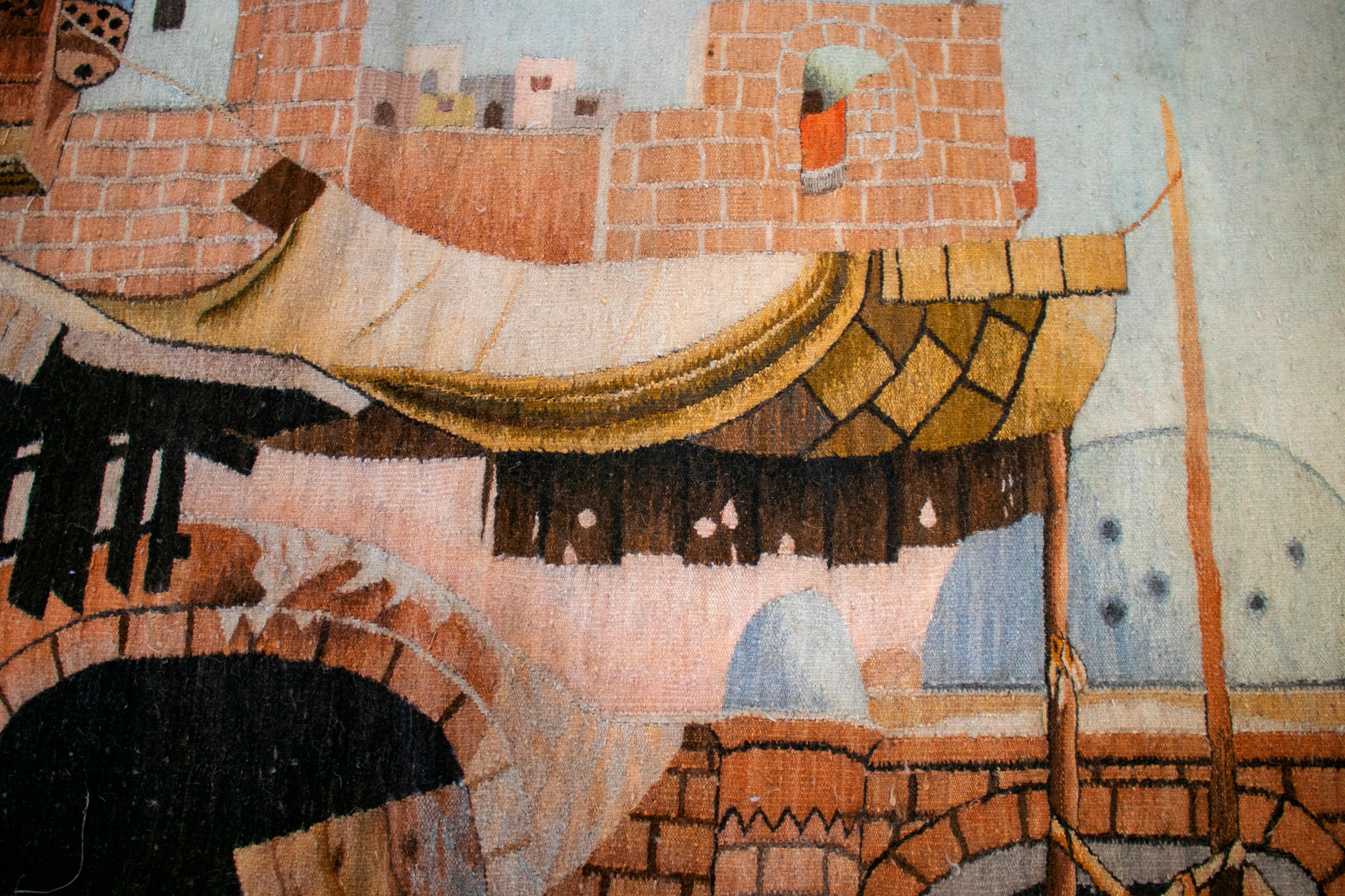 1950s Spanish Hand Woven Wool Tapestry with Arab Market Scene For Sale 10