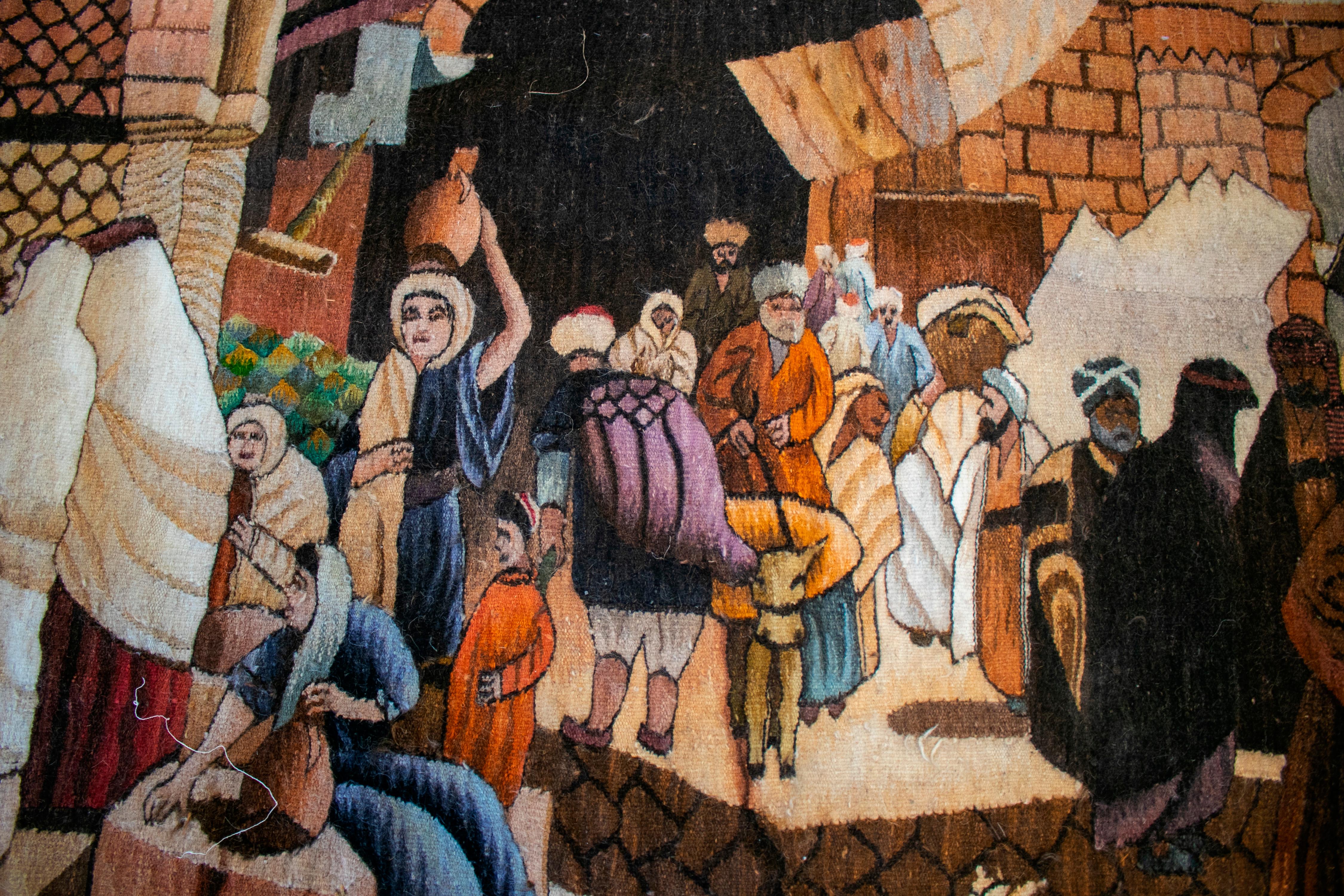 1950s Spanish Hand Woven Wool Tapestry with Arab Market Scene In Good Condition For Sale In Marbella, ES