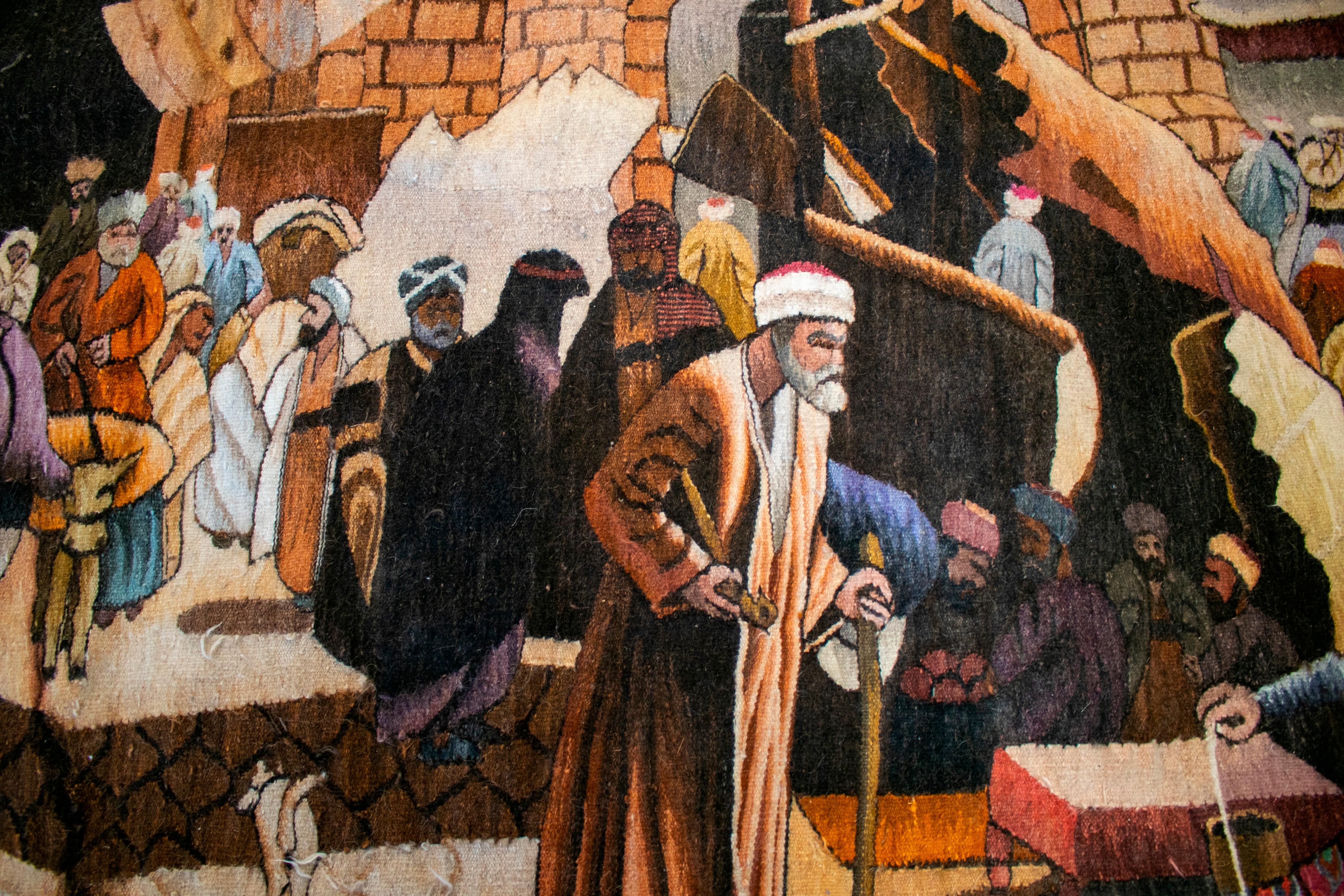 1950s Spanish Hand Woven Wool Tapestry with Arab Market Scene For Sale 1