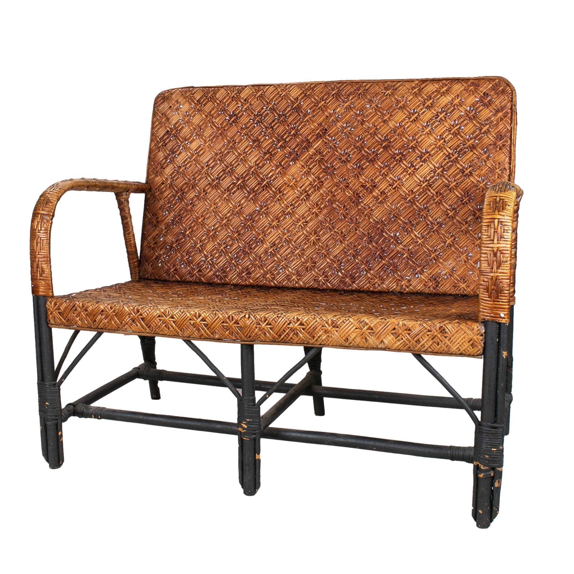 1950s Spanish Handmade Wicker & Wood 2-Seater Sofa In Good Condition In Marbella, ES