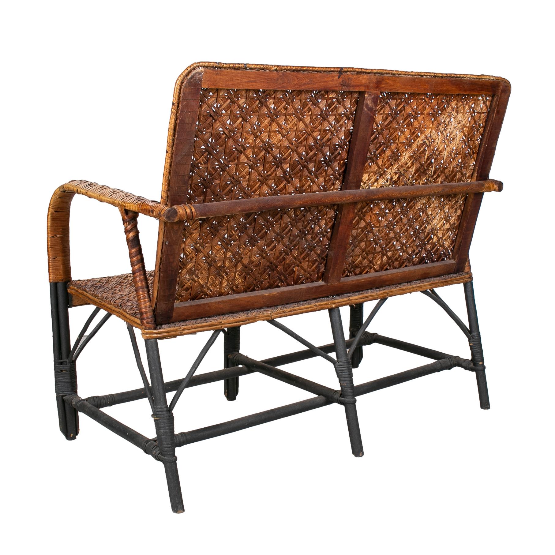 1950s Spanish Handmade Wicker & Wood 2-Seater Sofa 2