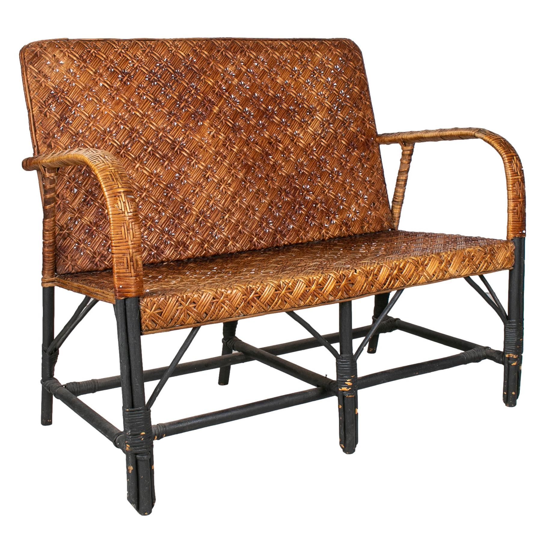 1950s Spanish Handmade Wicker & Wood 2-Seater Sofa